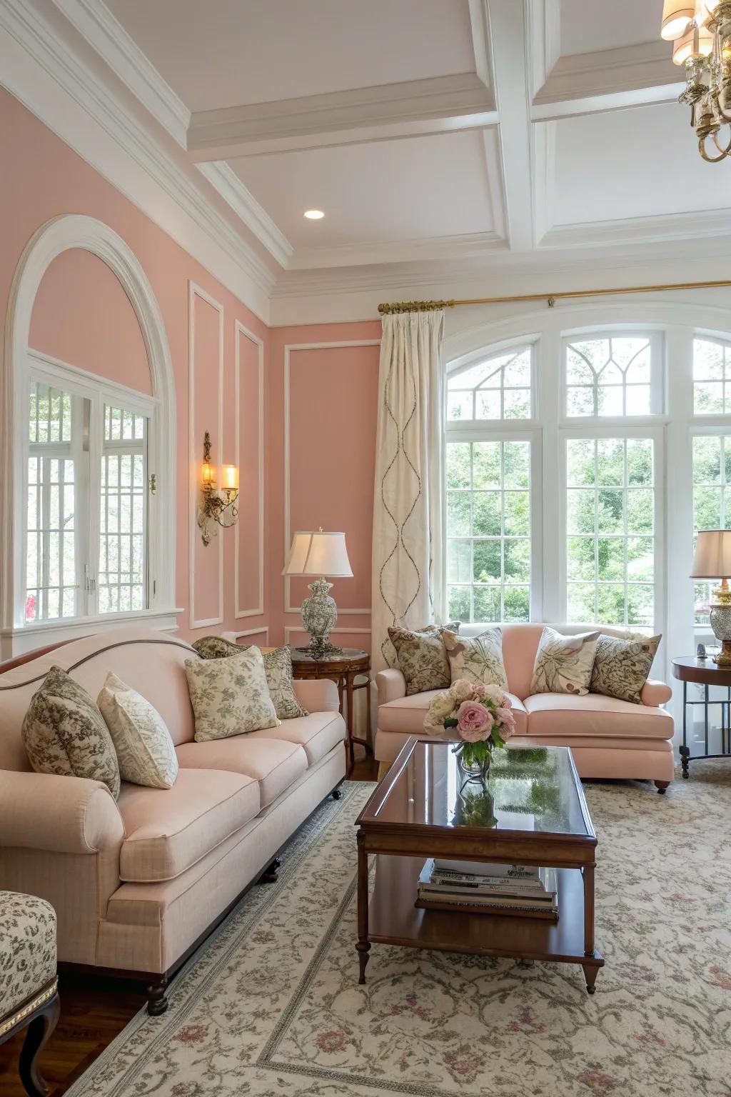 A serene living room featuring soft pink walls and elegant decor.