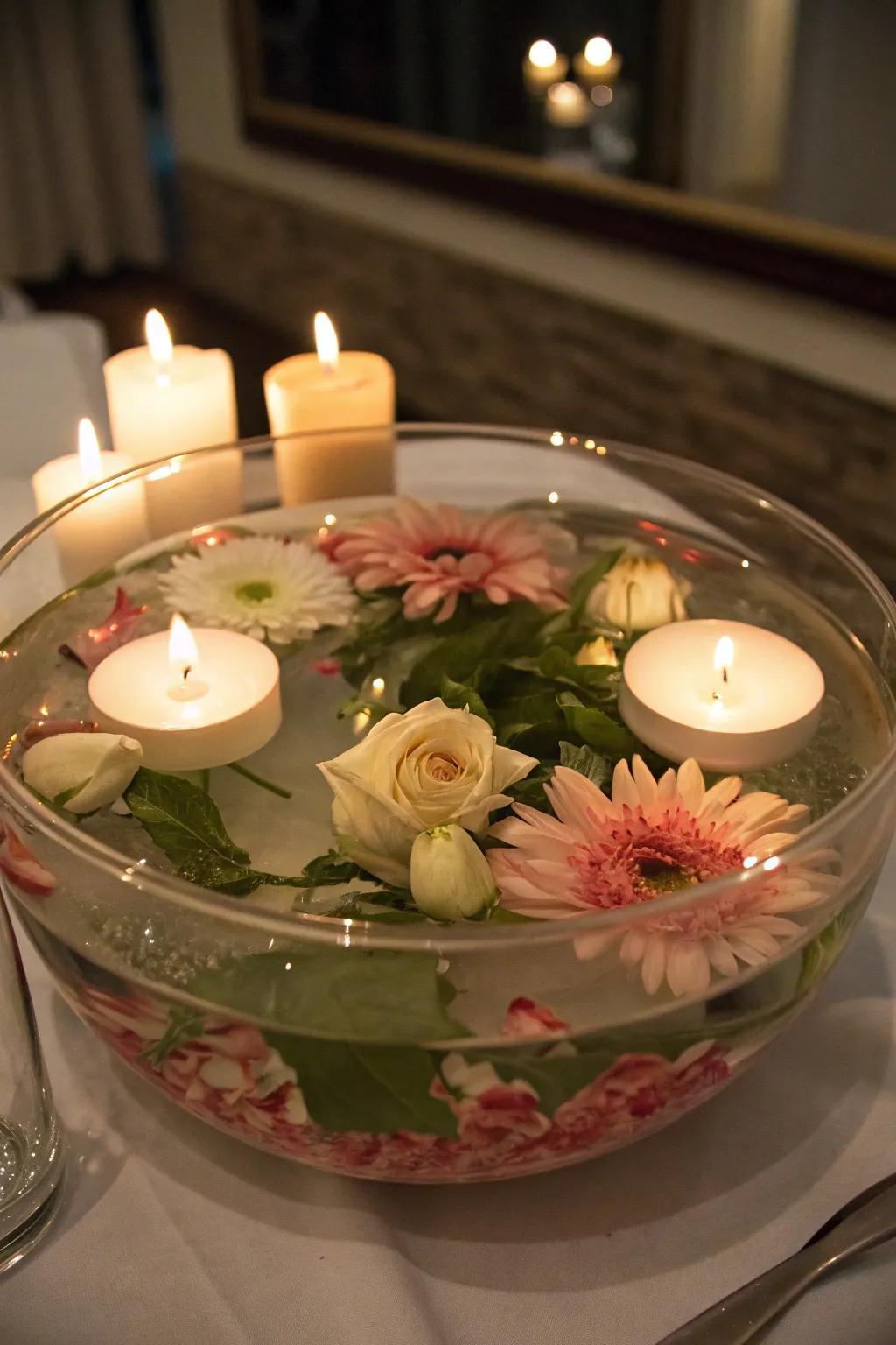 A glass bowl with floating candles and flowers creates a romantic atmosphere.