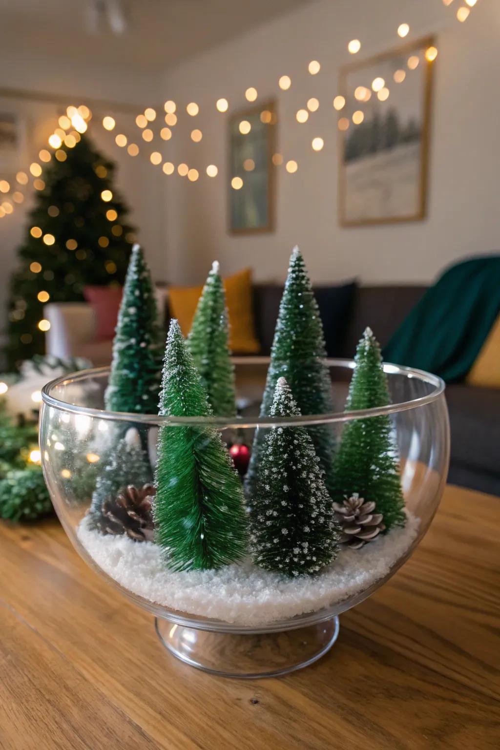 Miniature Christmas trees nestled inside a glass bowl.