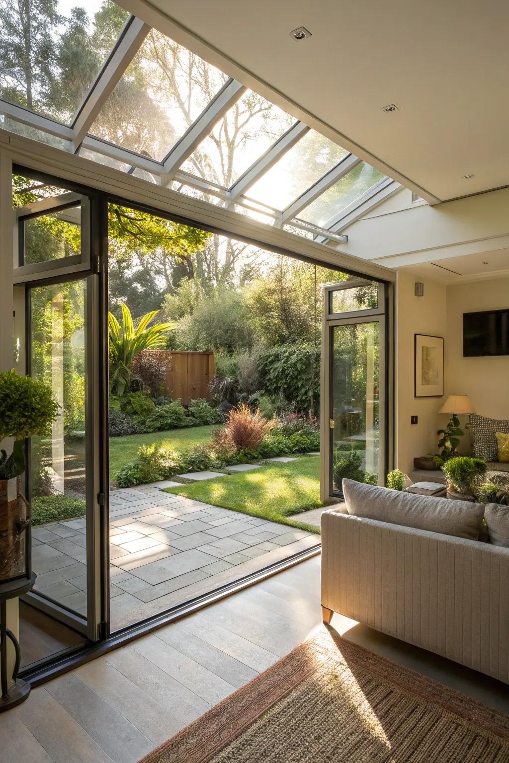 An indoor-outdoor space created by an open glass garage door.