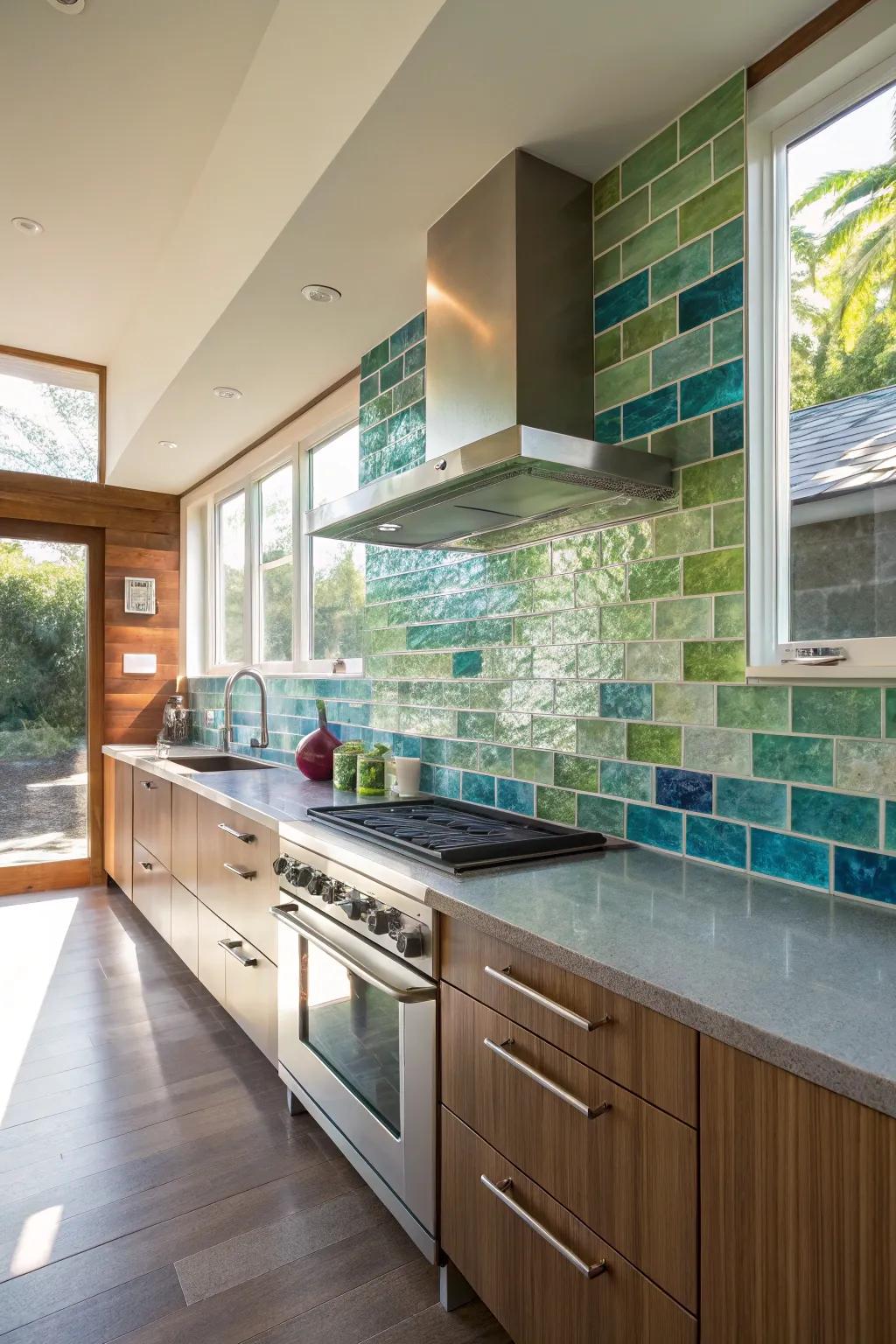 A colorful glass tile backsplash adds a splash of personality to any kitchen.