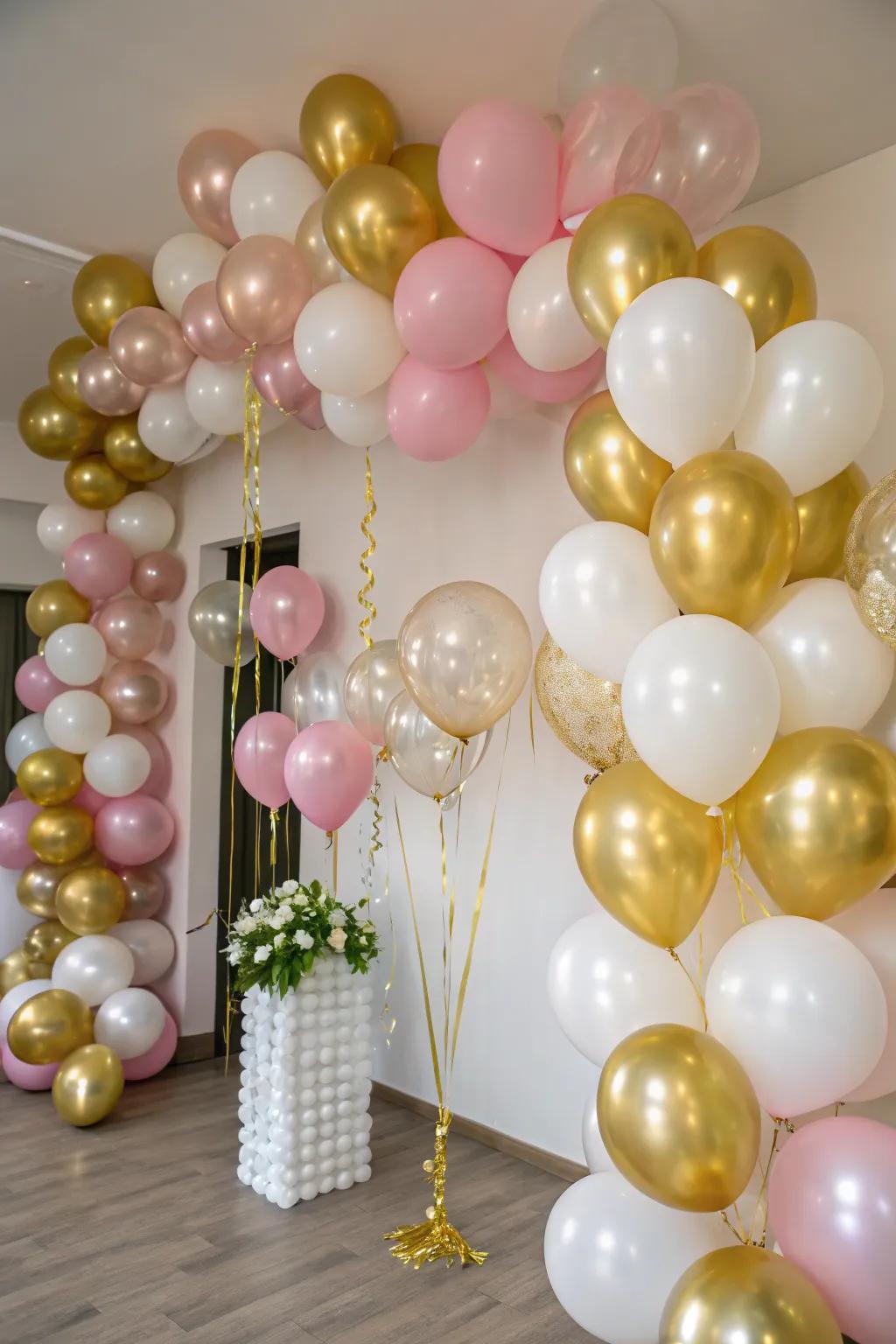 A festive room adorned with gold and complementary balloons creating a celebratory vibe.