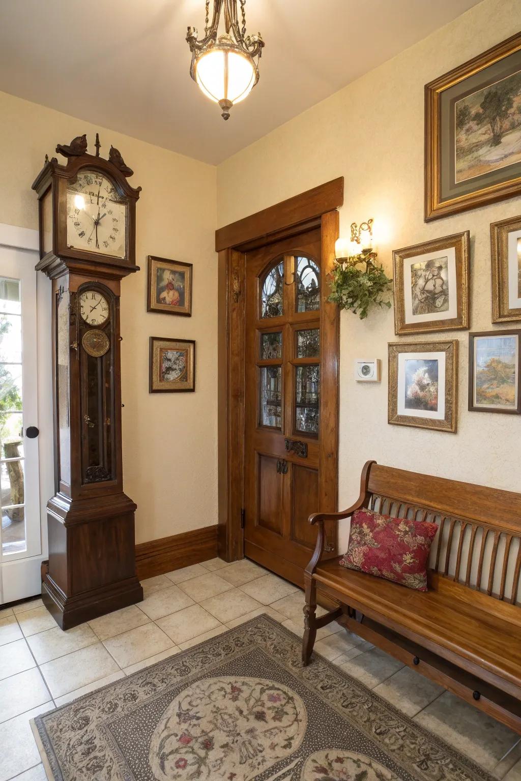 A grandfather clock turns a simple entryway into an elegant welcome space.