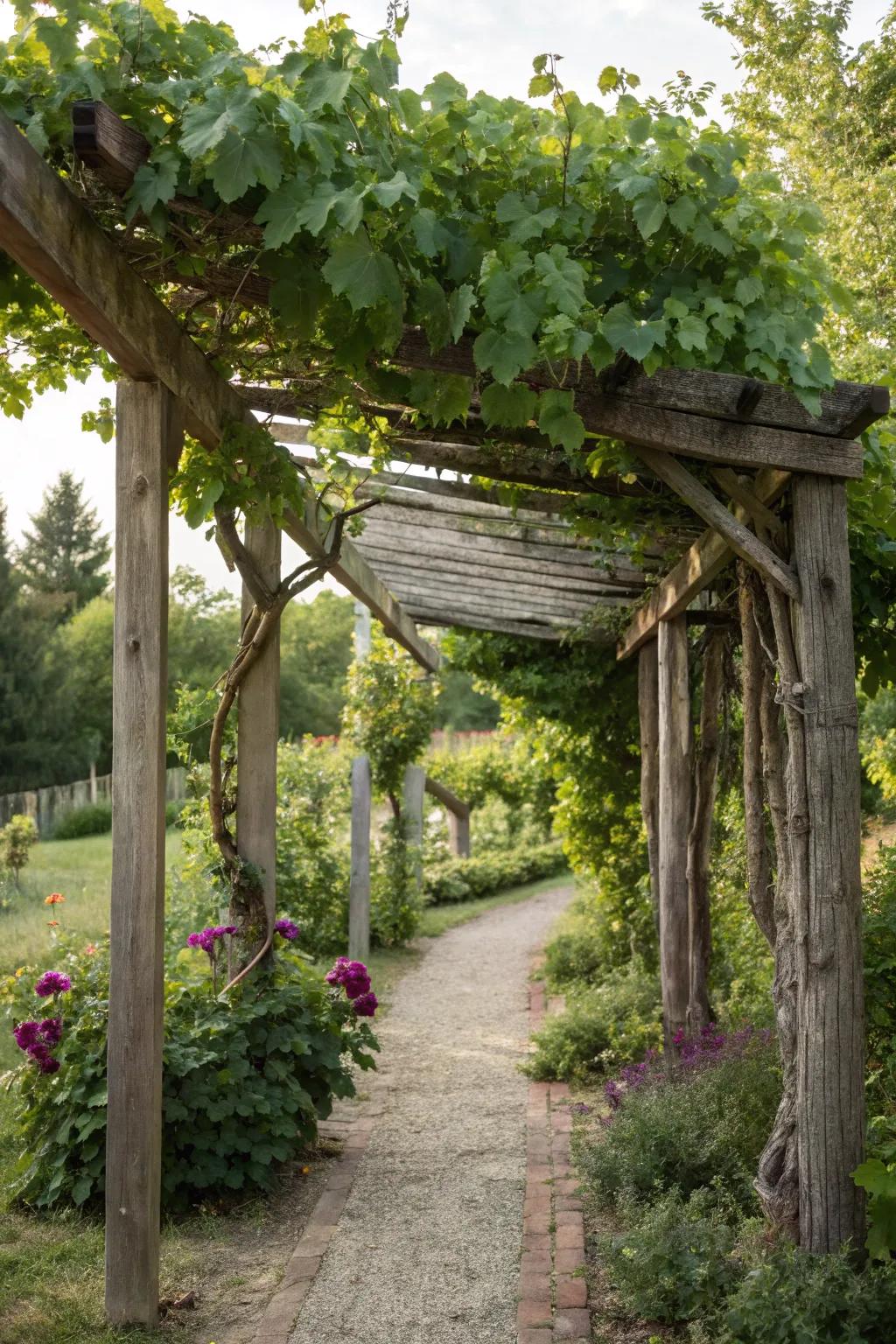 A classic wooden trellis offers a natural aesthetic for your grapevines.