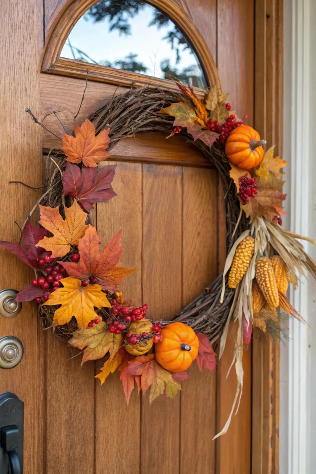 A fall-inspired grapevine wreath with pumpkins and leaves.