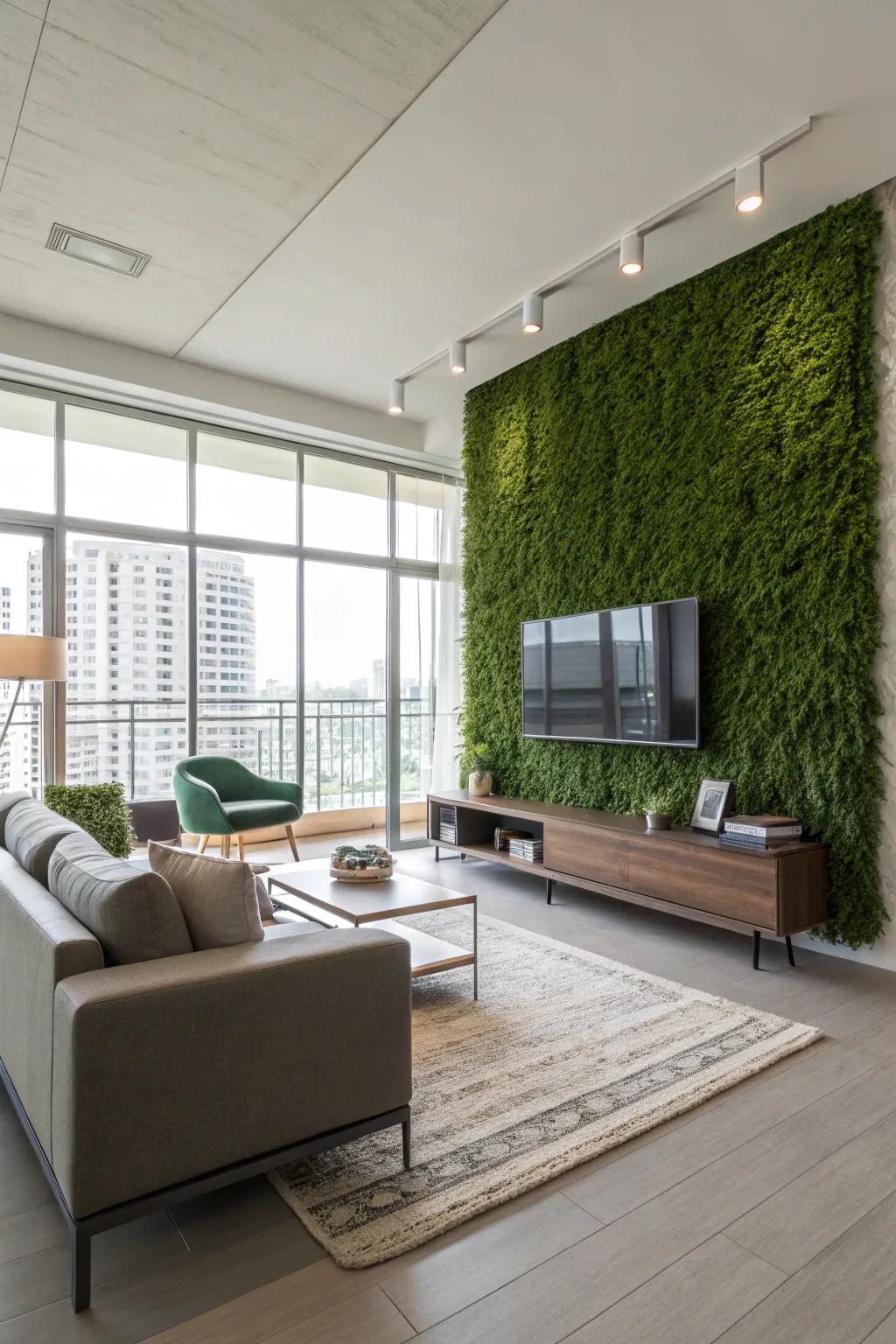 A modern living room features a large grass wall, creating a lush indoor oasis.
