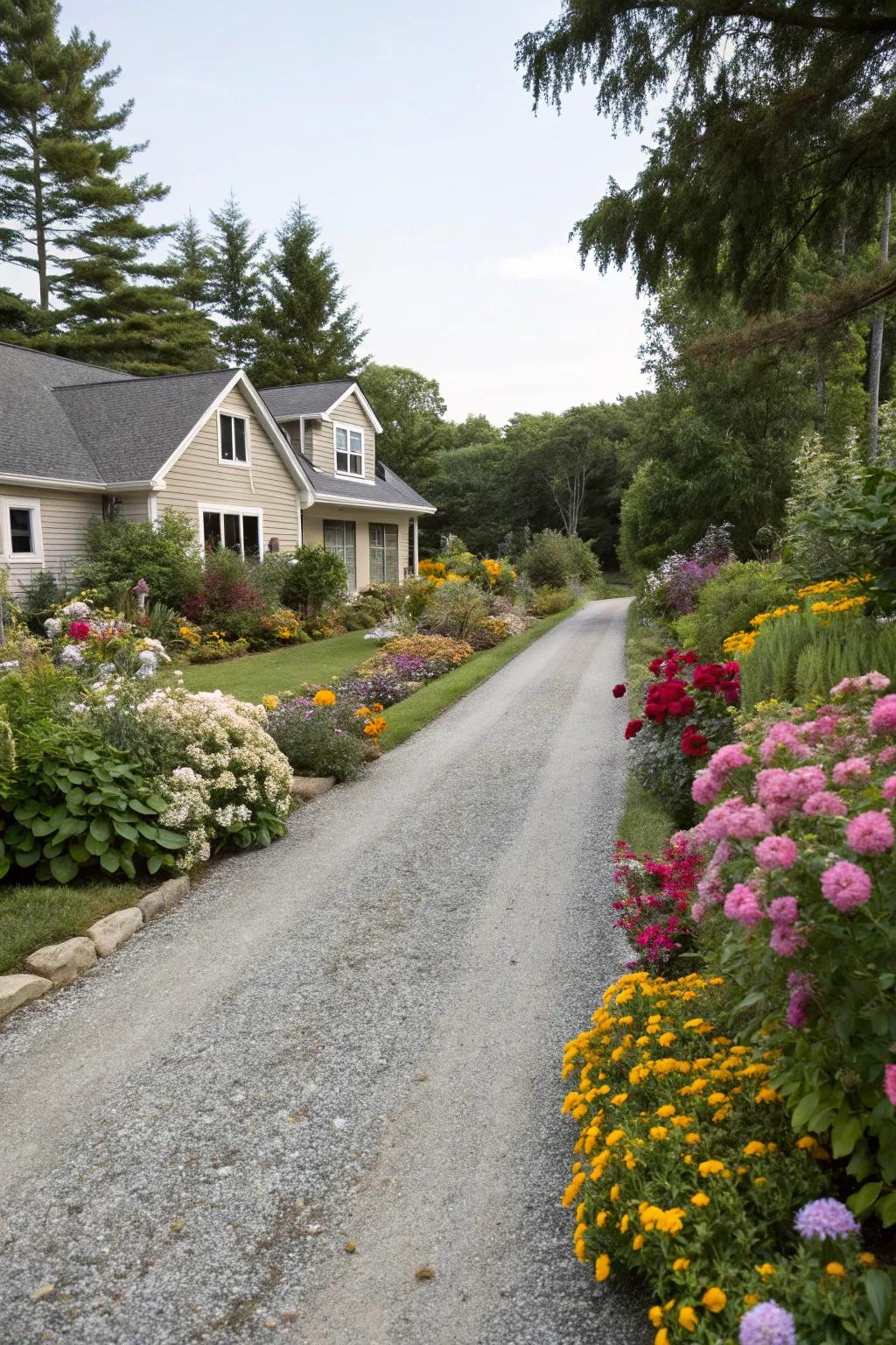 Gravel driveway flanked by vibrant flower beds.