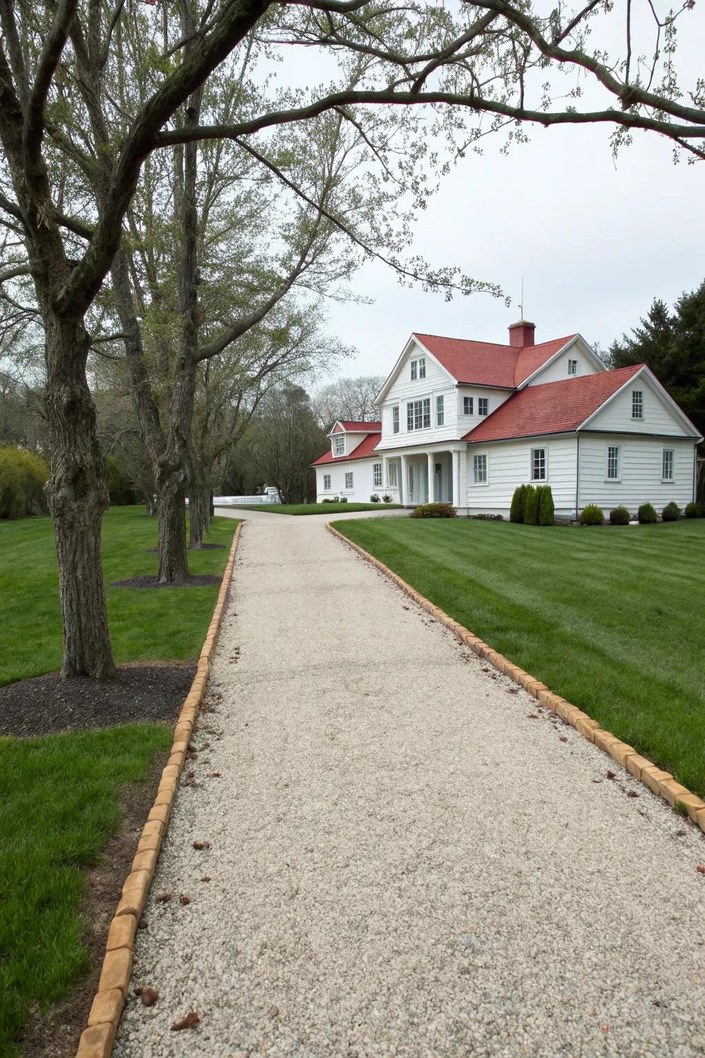 A timeless gravel driveway with clean lines and classic appeal.