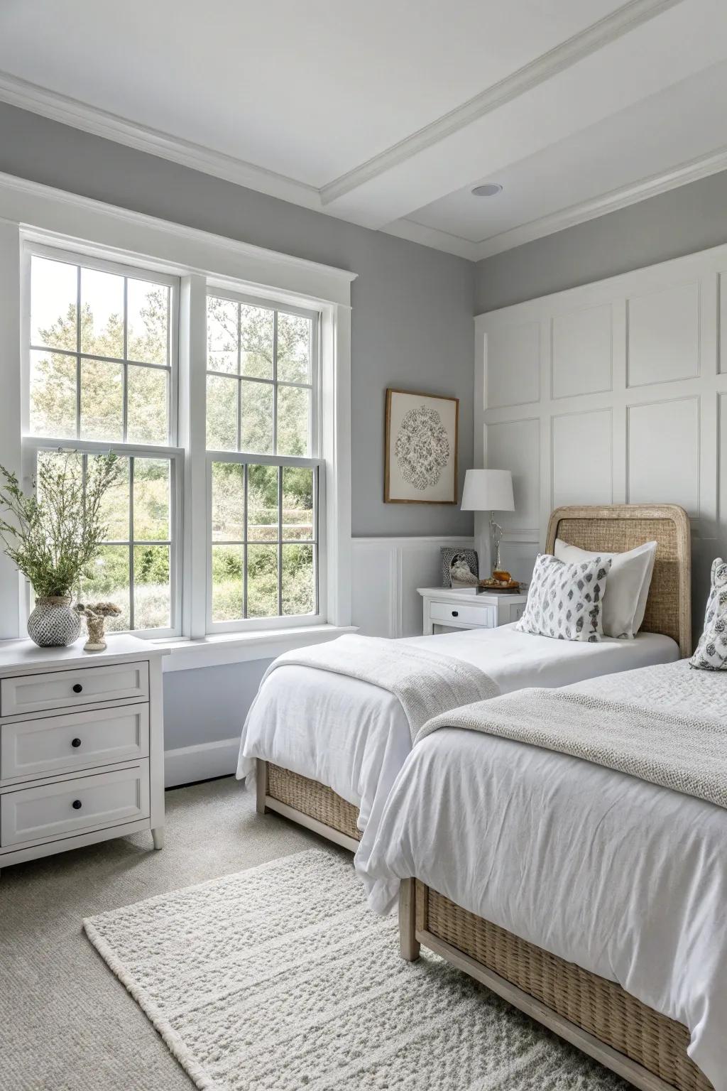 A classic gray and white bedroom with ample natural light.