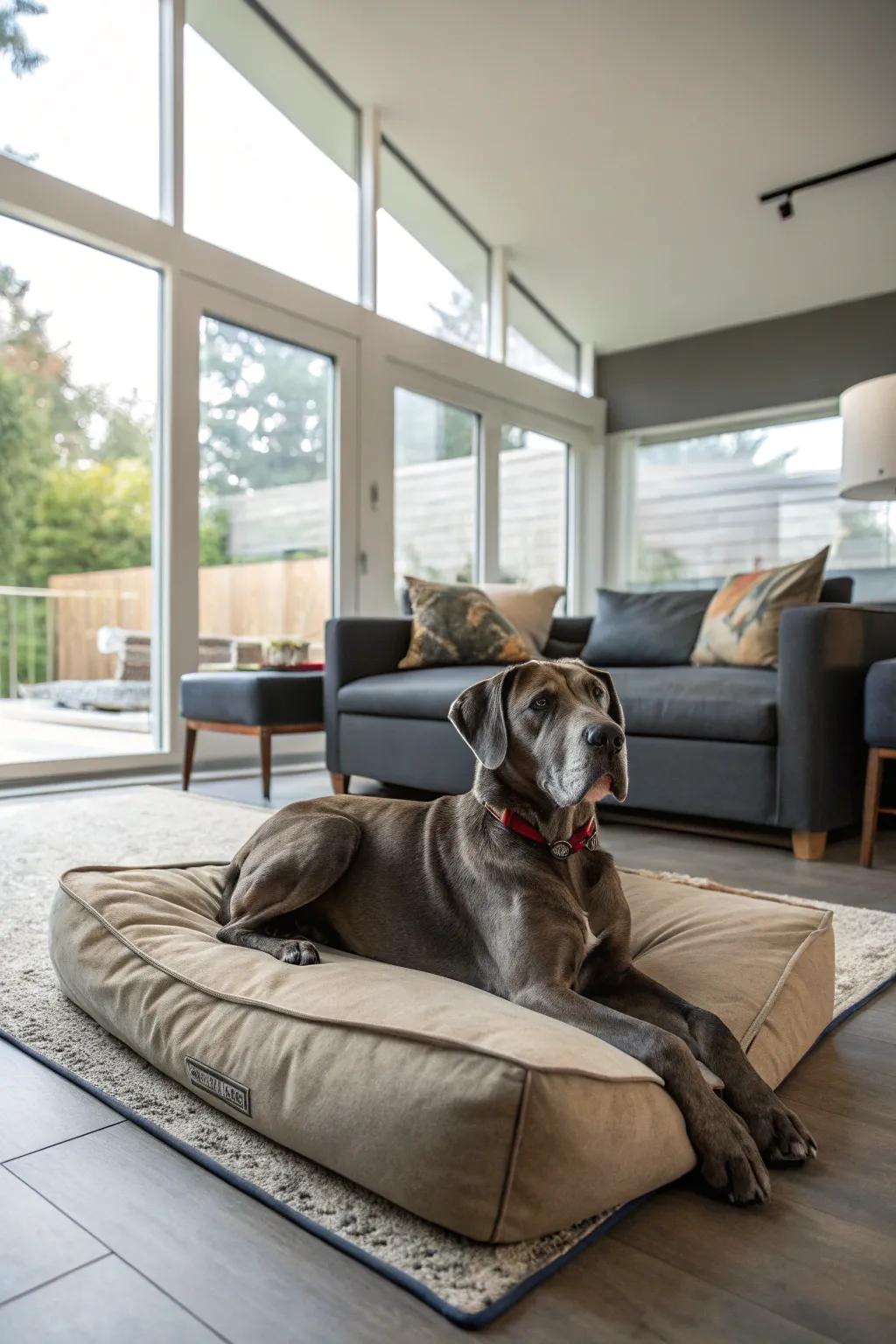 An oversized pillow makes for a comfortable and stylish dog bed for your Great Dane.