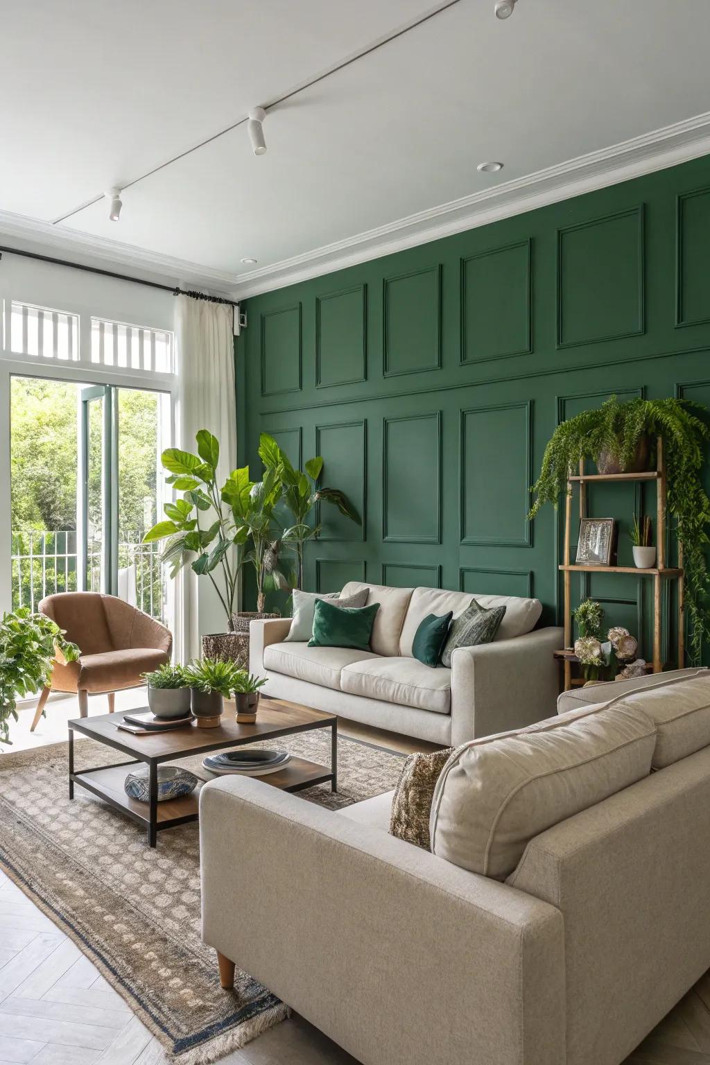 Deep green walls bring a sense of calm to this contemporary living room.