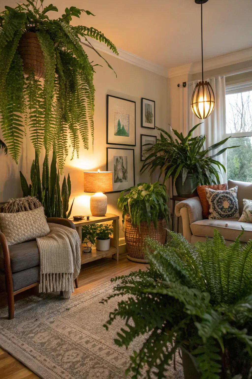 A living room filled with diverse indoor plants, creating a refreshing atmosphere.