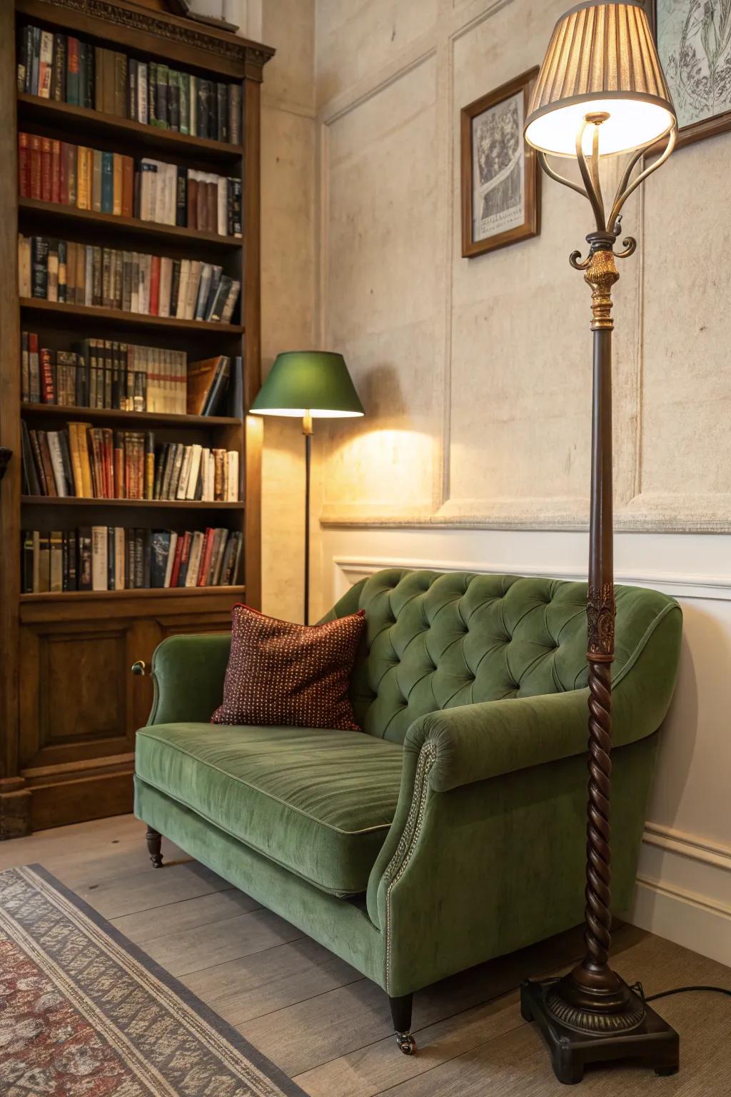 A cozy reading nook featuring a green velvet couch, perfect for relaxation.