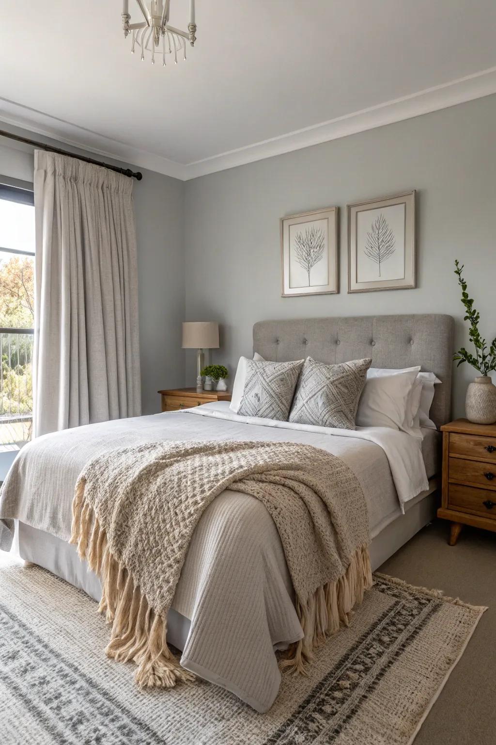 A calming bedroom retreat with soft grey walls and cozy textures.