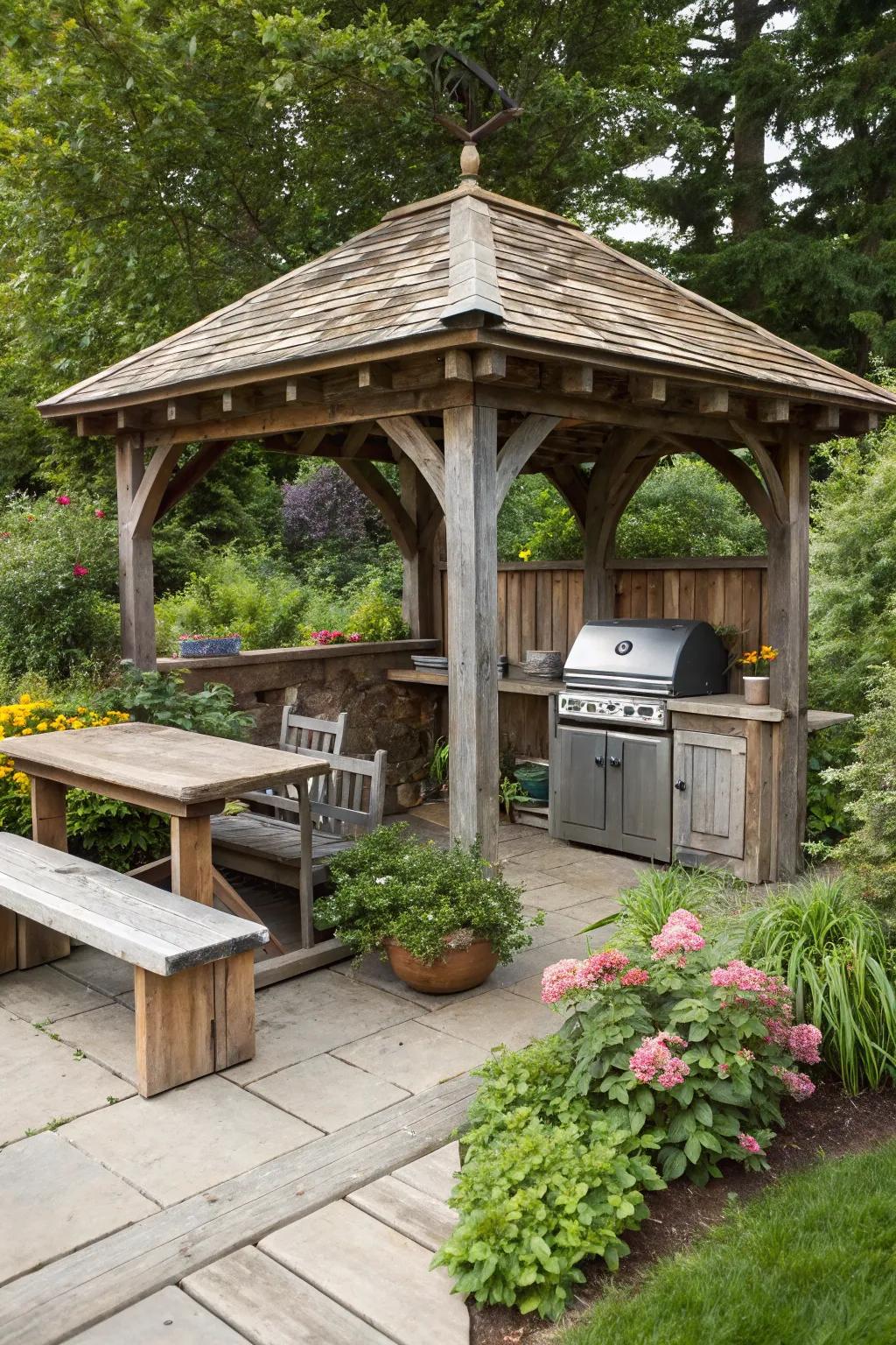 A rustic wooden pavilion blends seamlessly with nature, offering a cozy retreat.