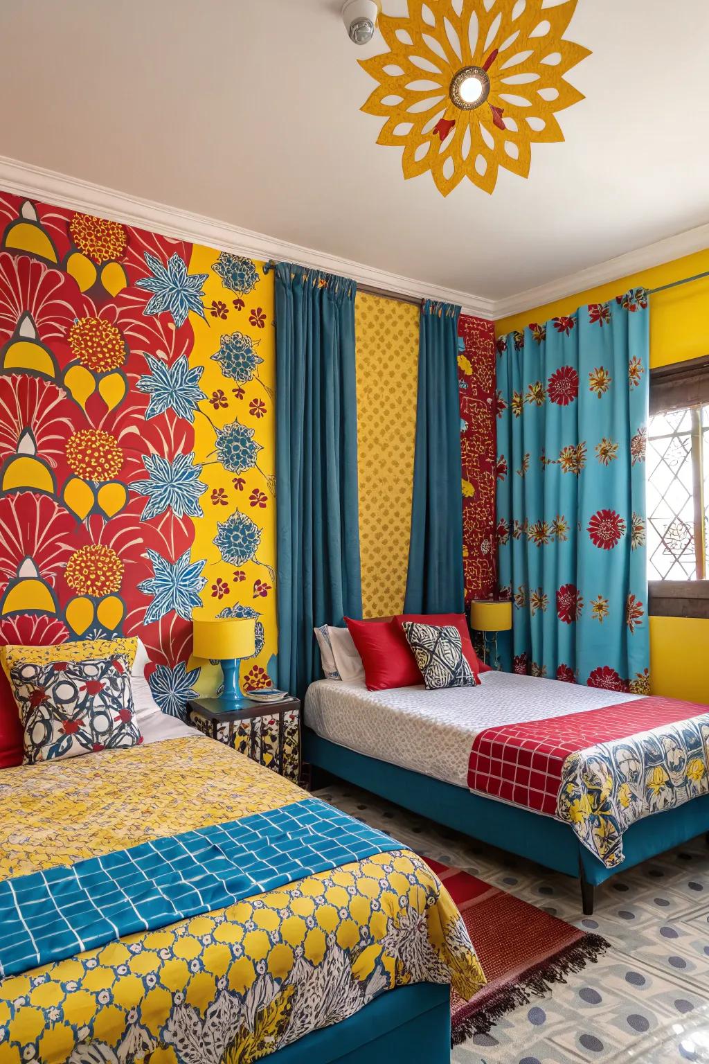 Vibrant hues and patterns create a lively and inviting space.