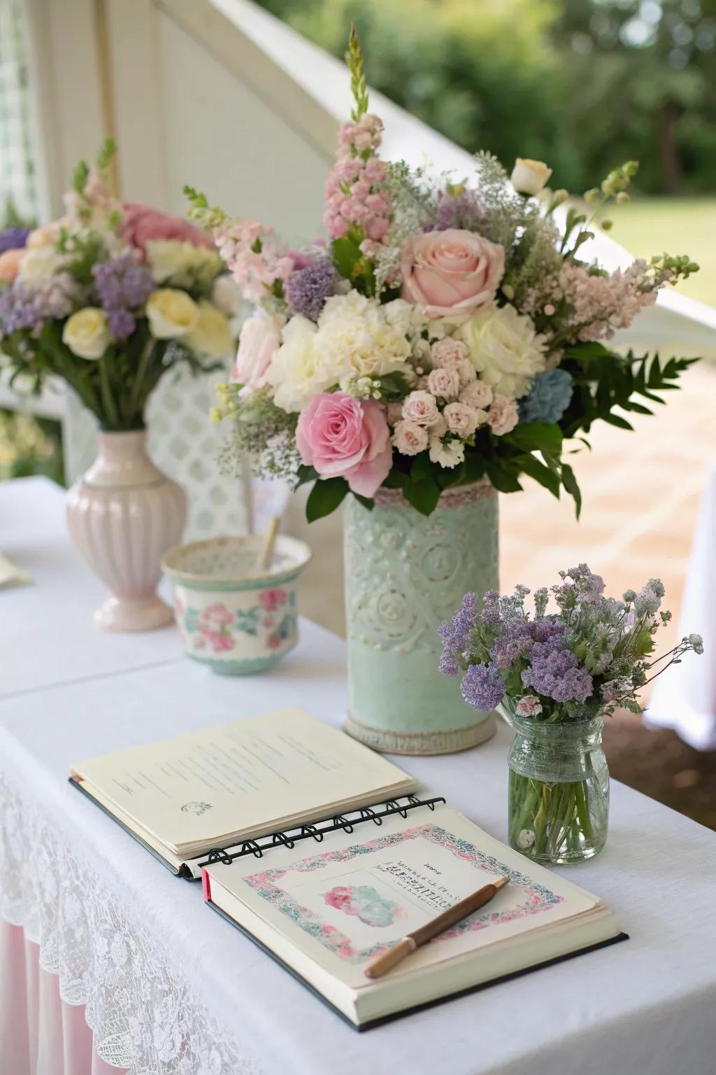 A guest book table with beautiful floral arrangements.