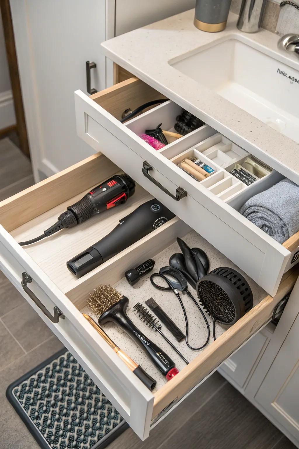 Efficient use of under-sink storage space with dedicated compartments for hair tools.