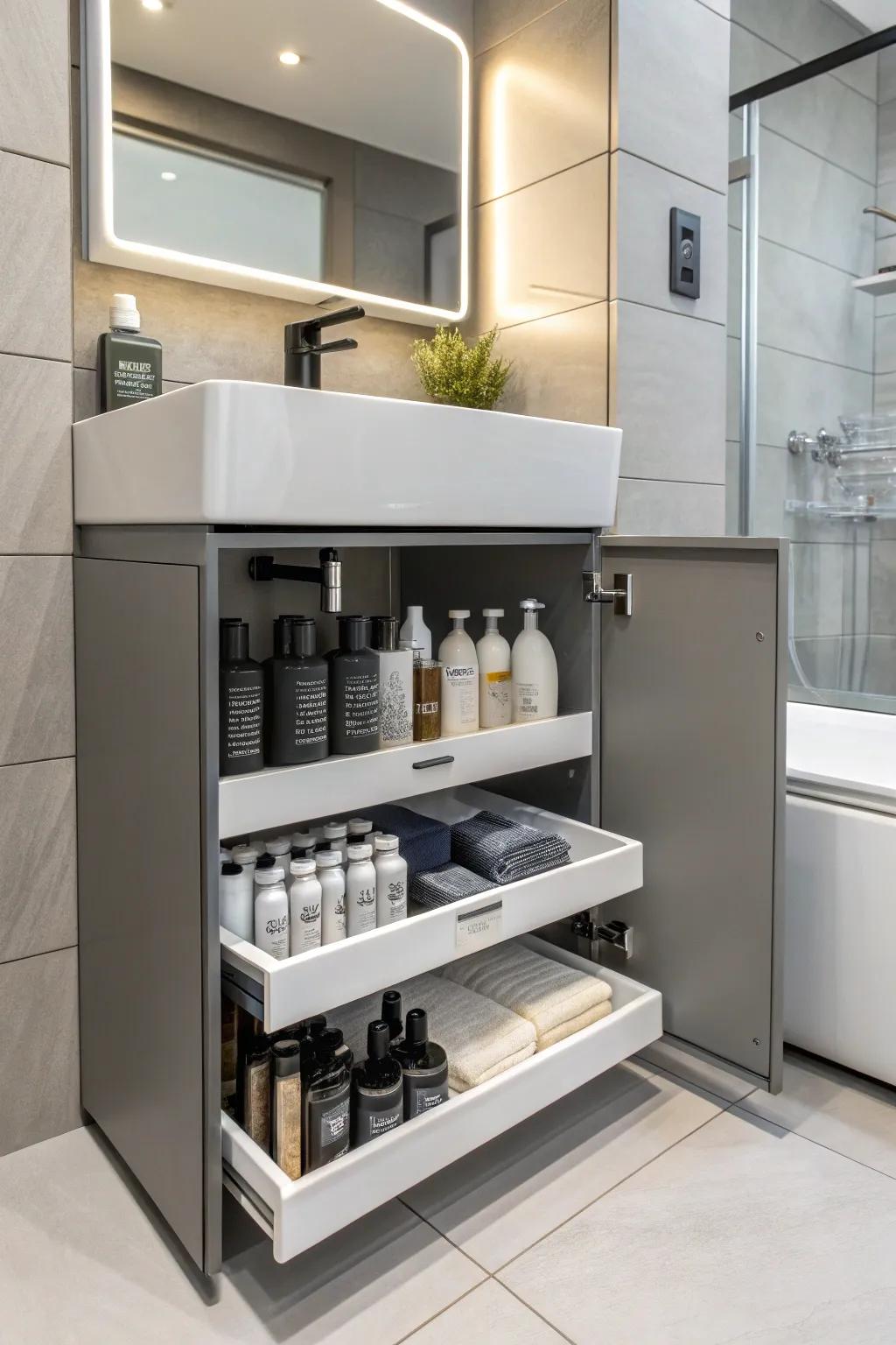 Efficient use of under-sink space with organized hair product storage.