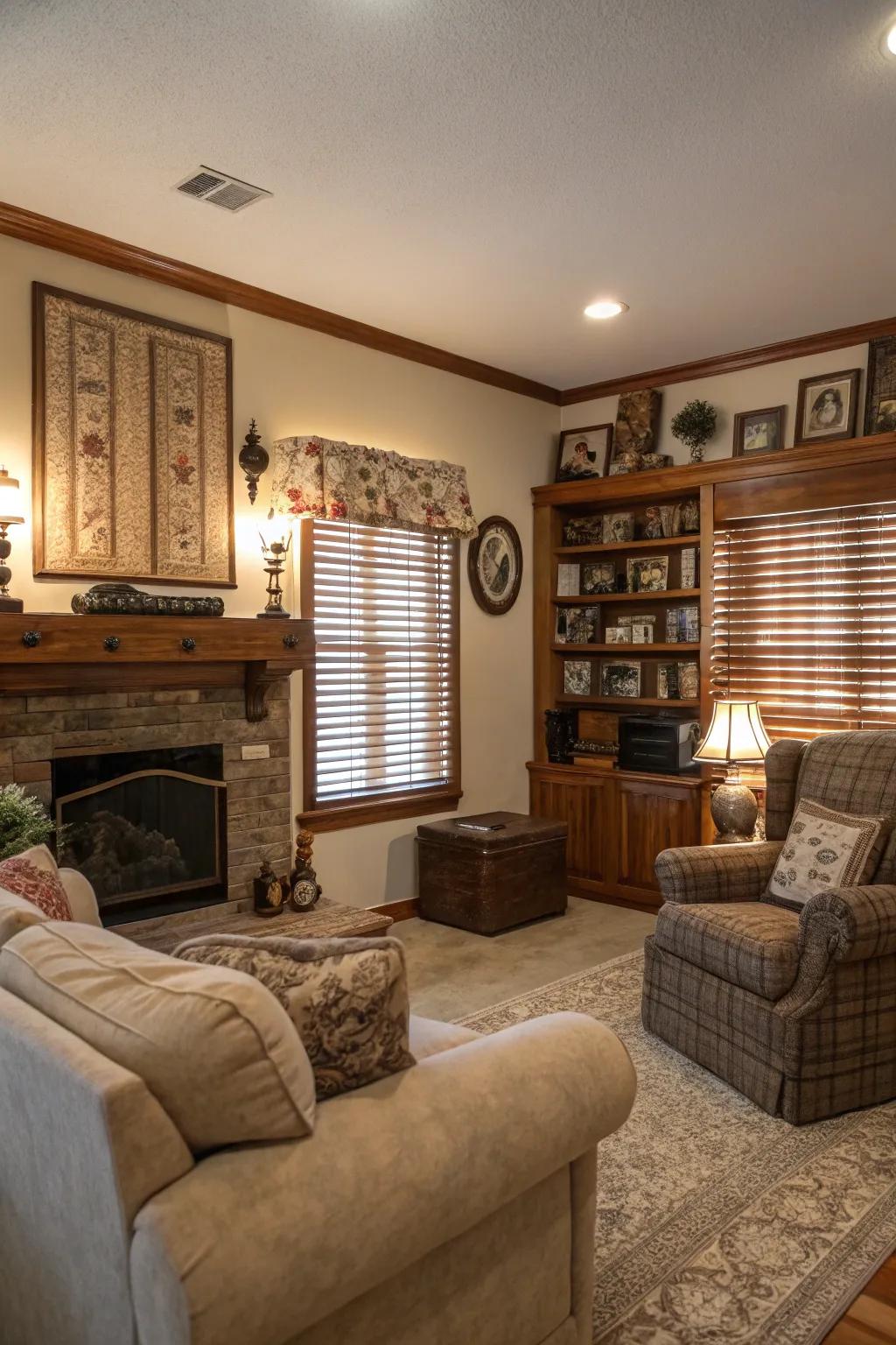 Cozy living room featuring classic wood half blinds.