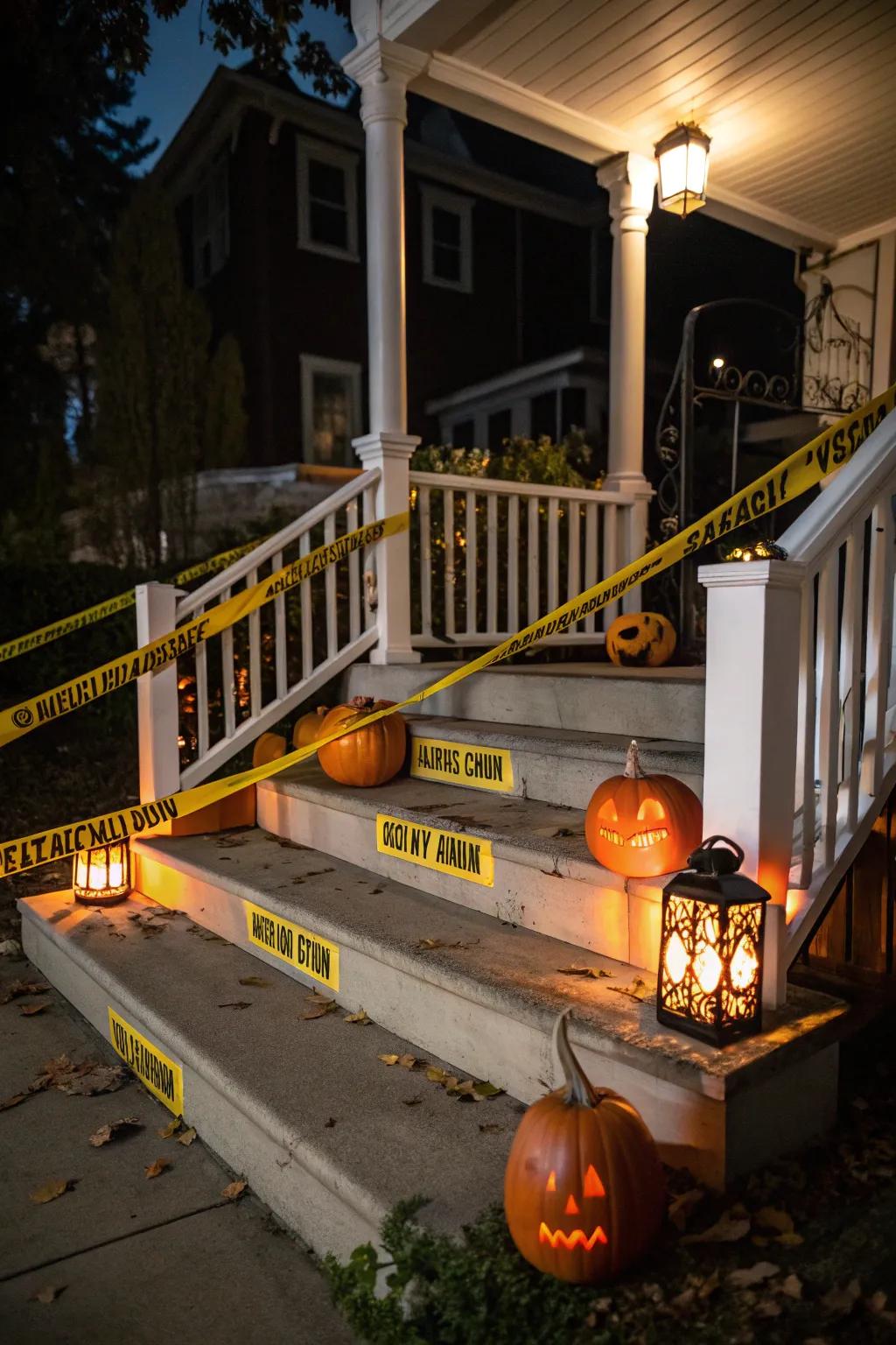 A spooky porch setup with caution tape and pumpkins.