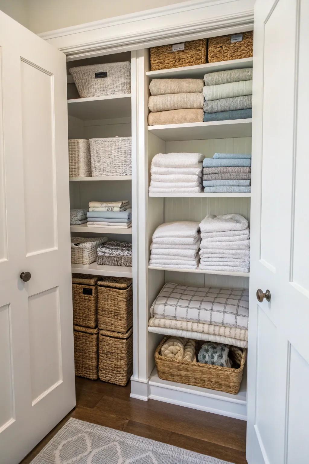 Adjustable shelves make room for all your linens, from towels to blankets.