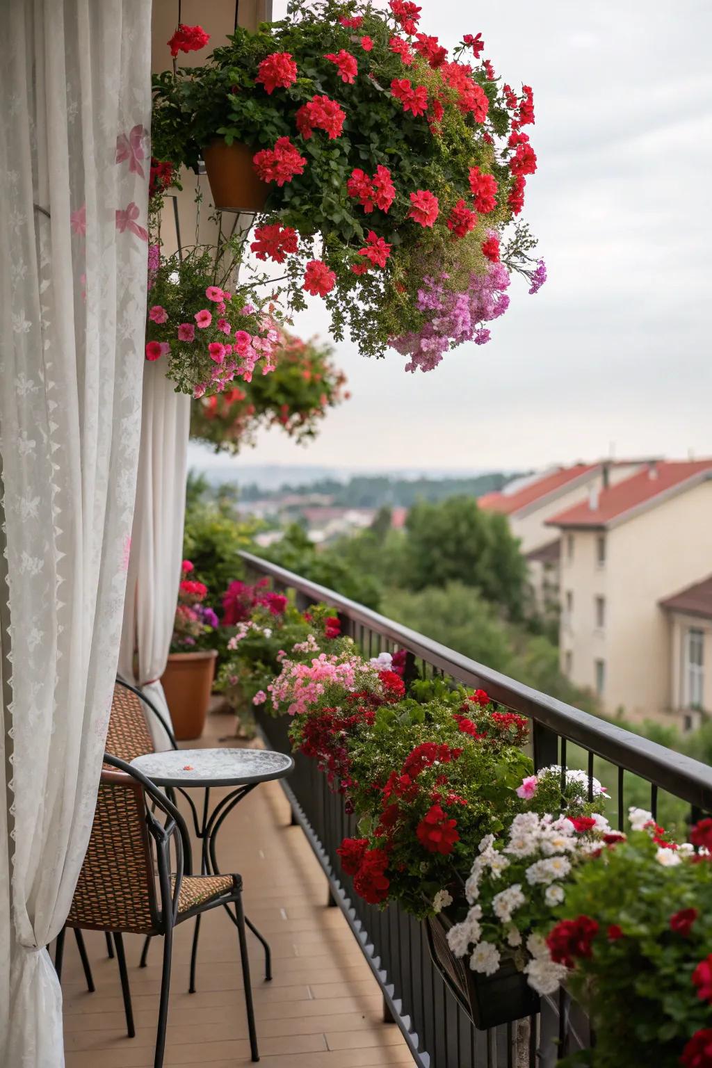 A vibrant geranium curtain for a private retreat.