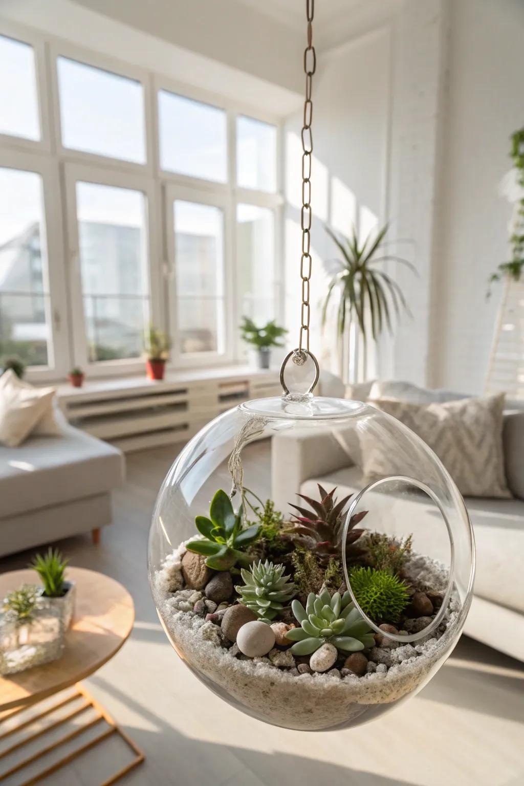 A classic globe terrarium filled with succulents, adding a touch of green elegance.