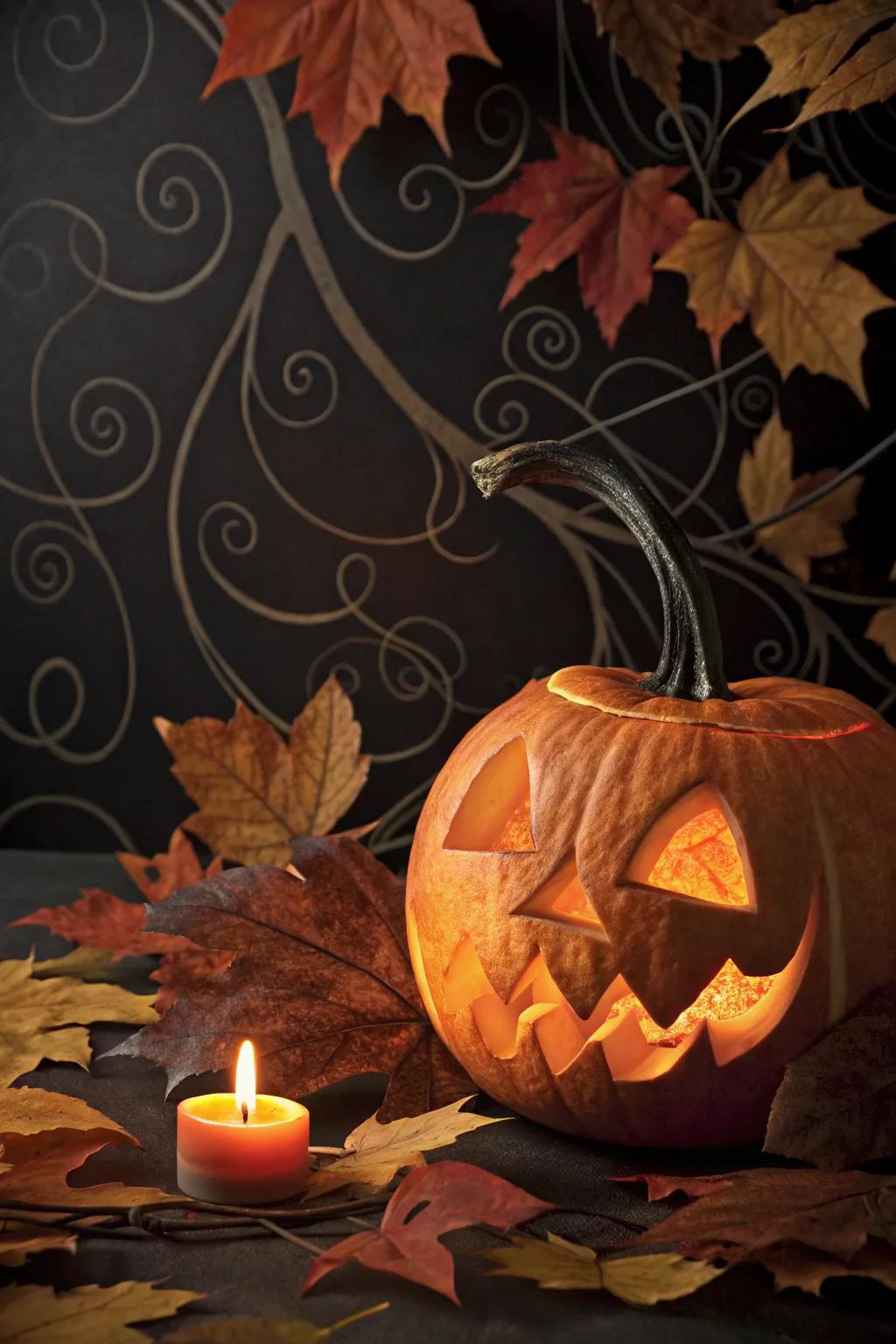 A classic Halloween poster with a carved pumpkin centerpiece.