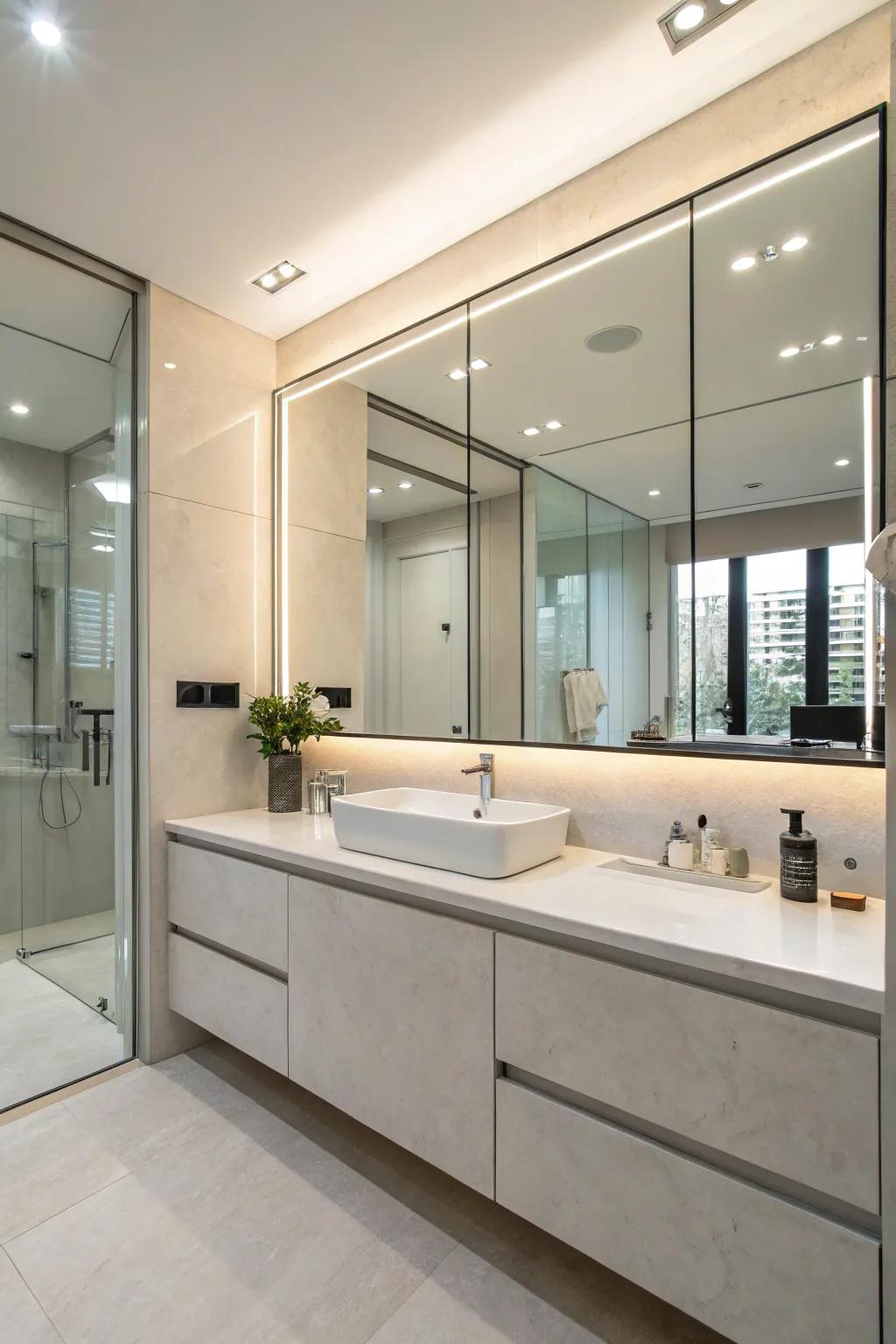 A large mirrored cabinet blending seamlessly into a modern bathroom.