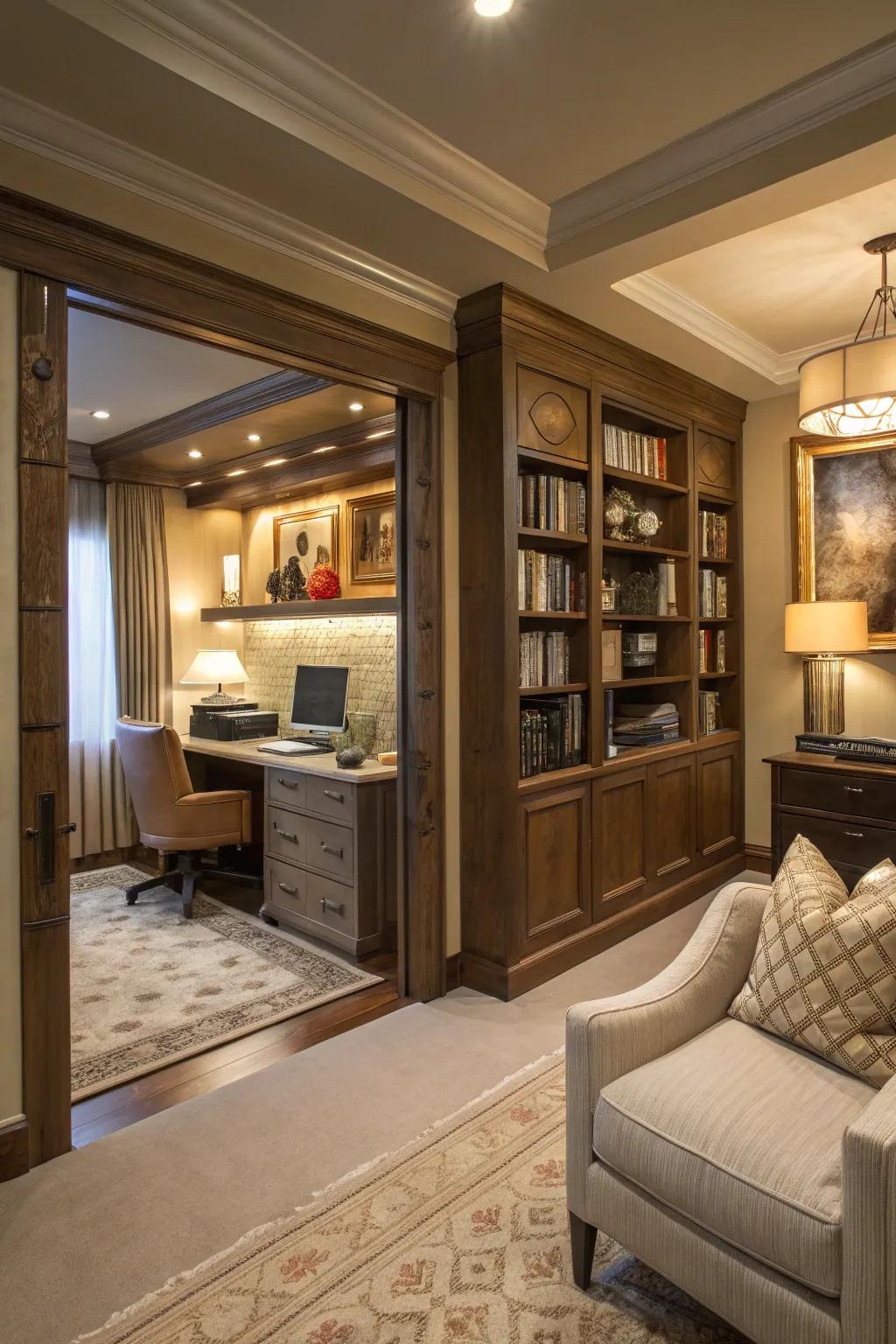 A bookshelf that opens to reveal a hidden room is a classic yet magical touch.