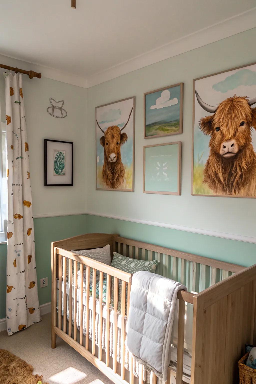 Highland cow wall art adds a touch of calm and character to the nursery.