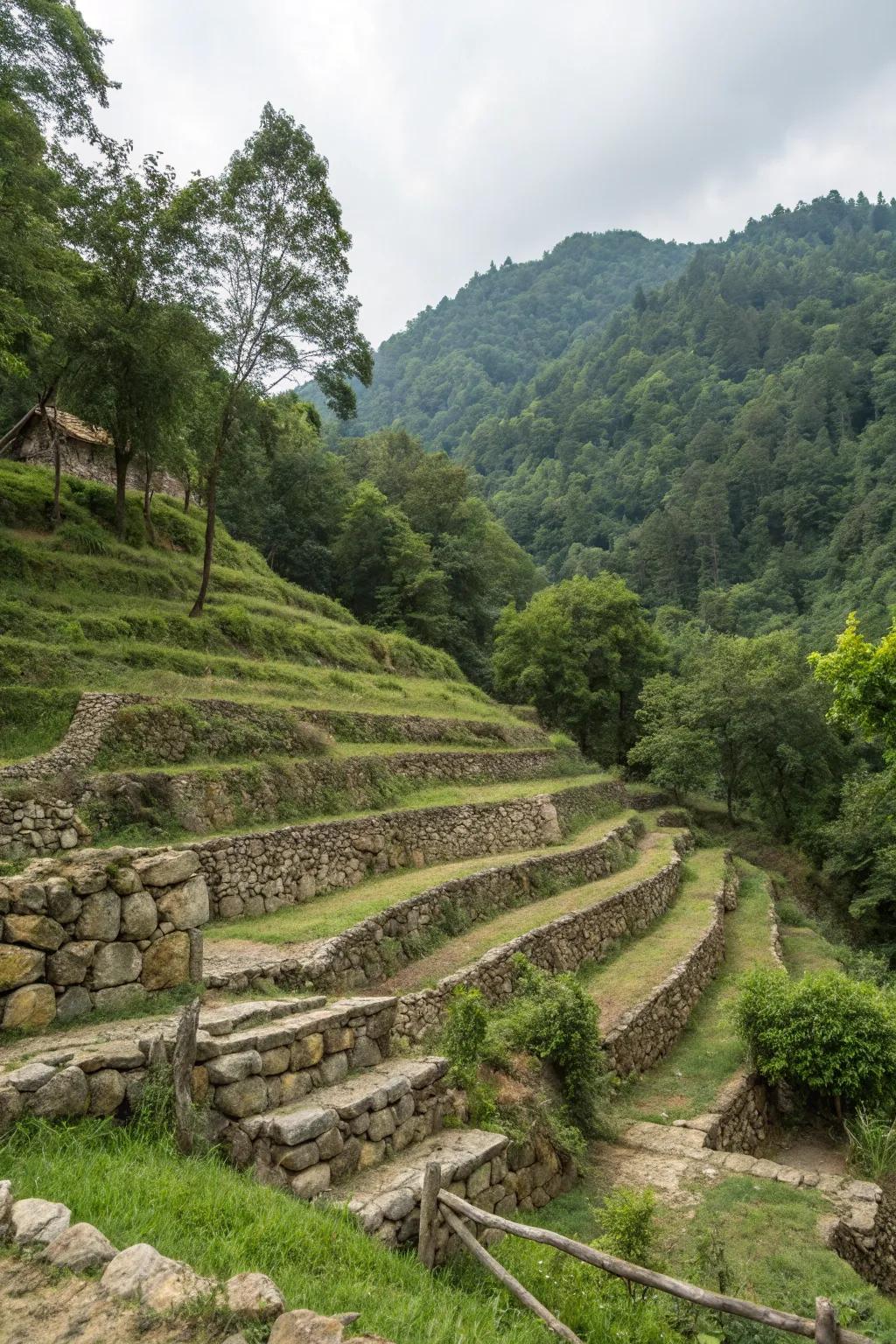 Natural materials like stones and logs can create stunning terraces on a hillside.