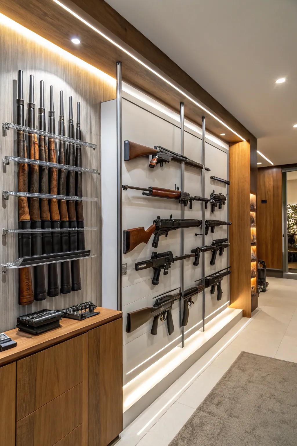 Turn your firearm collection into a display with wall-mounted racks.