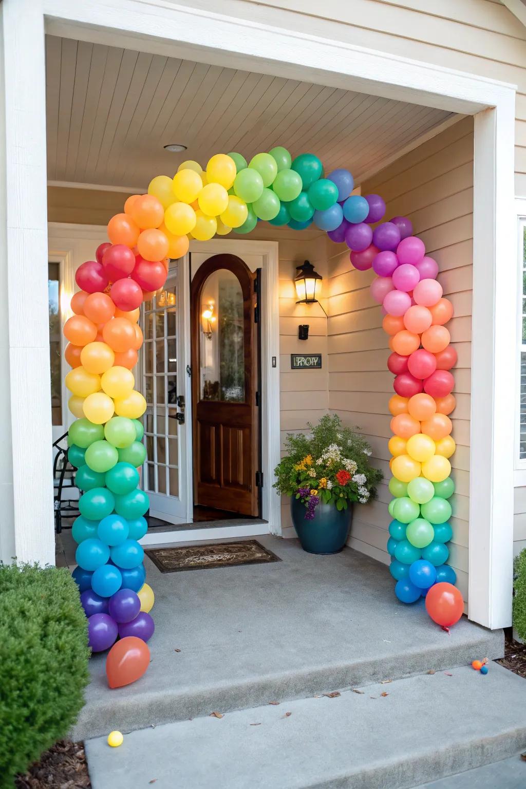 A colorful balloon arch inviting guests into the party.