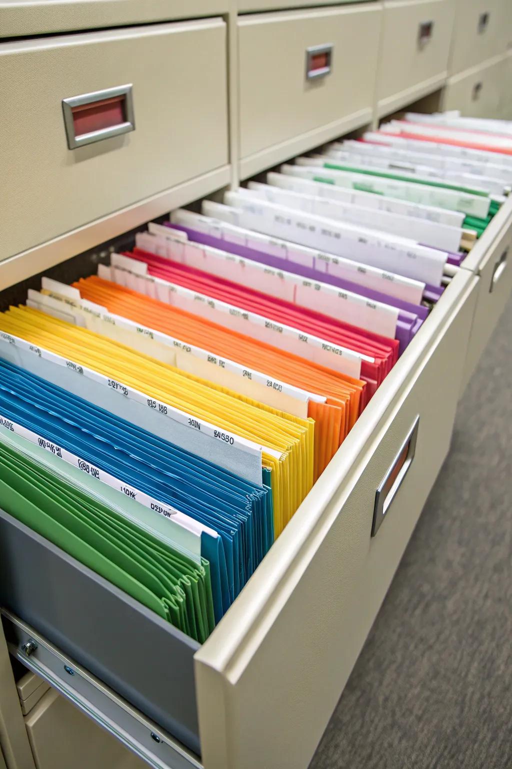 A vibrant filing cabinet with color-coded folders for easy access.