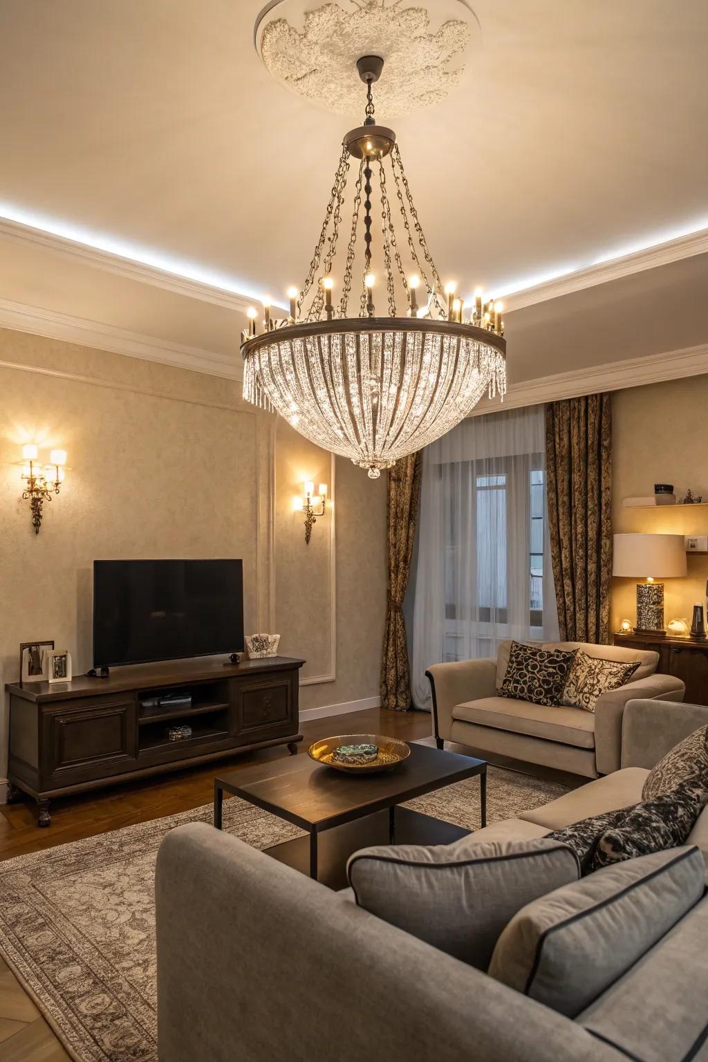 Chandeliers create a stunning focal point in living rooms.