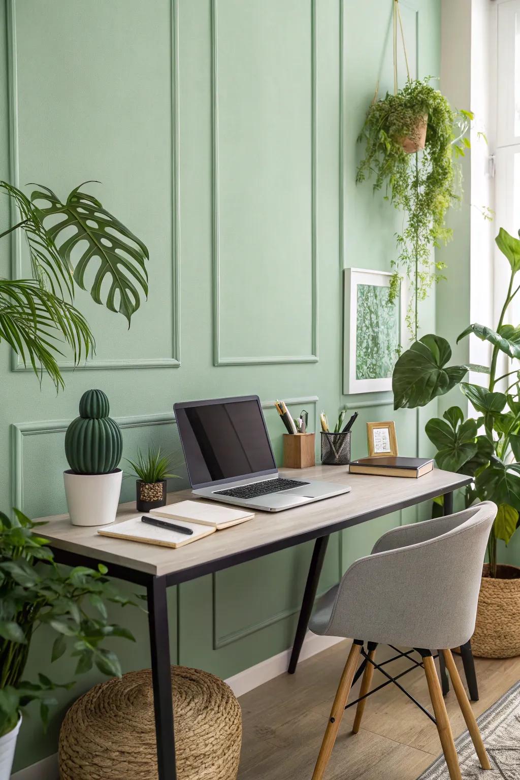 A calming soft green home office promotes relaxation and focus.