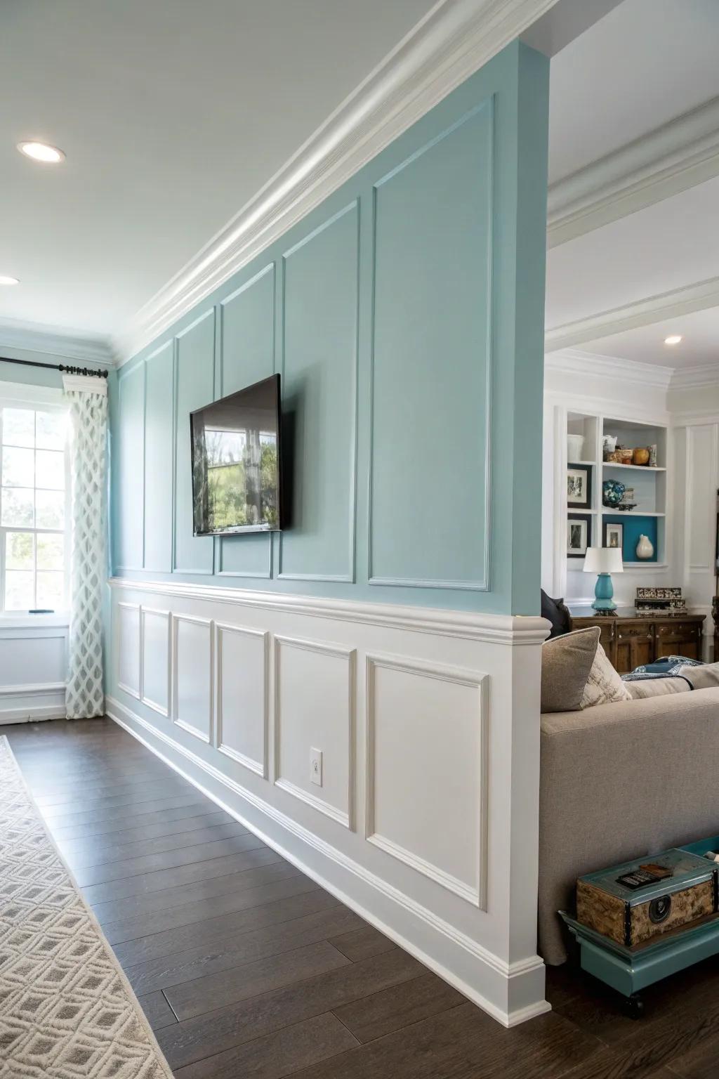 A living room wall transformed with a fresh coat of paint in a modern color.