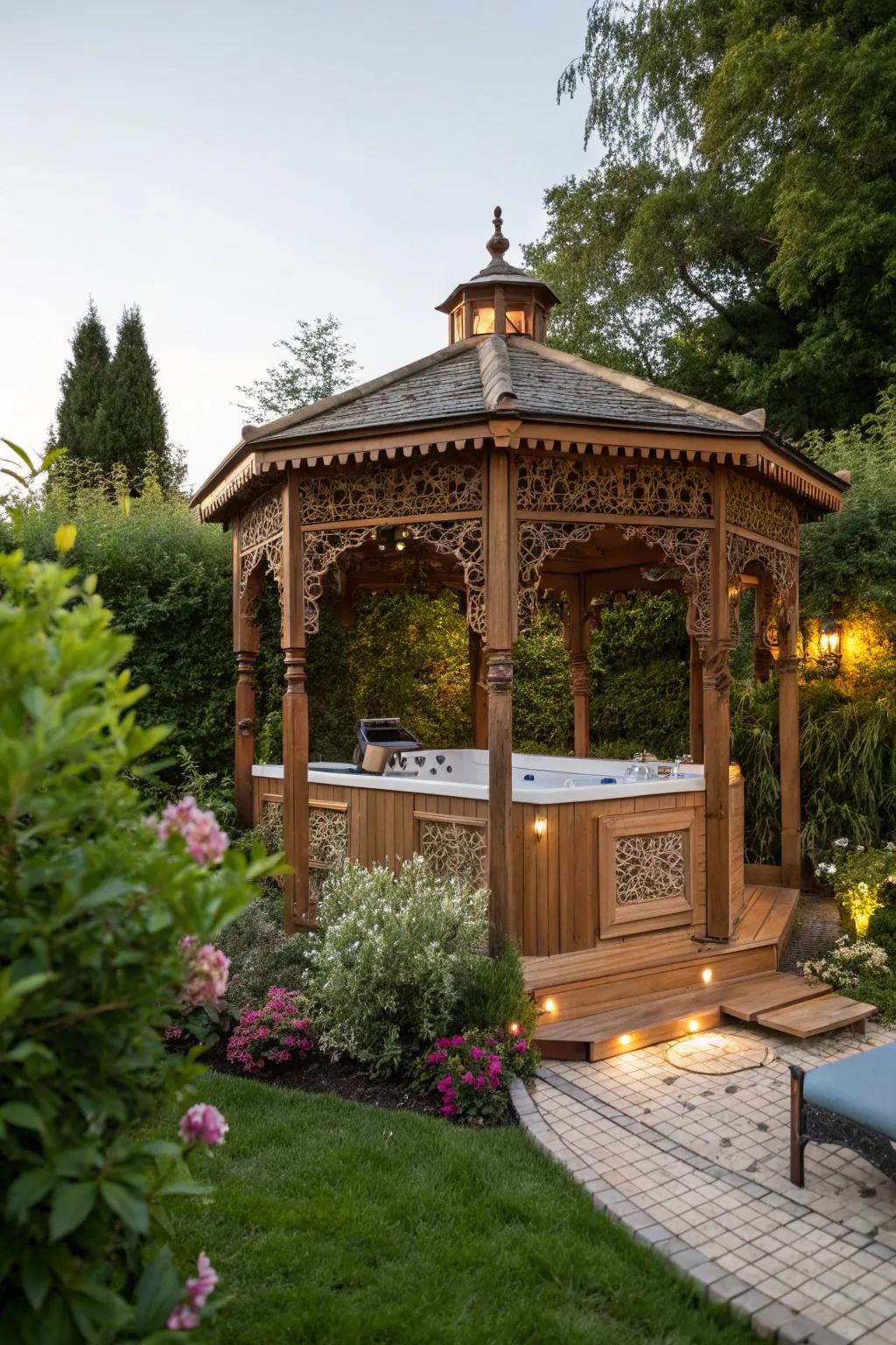 A wooden gazebo offering a serene escape.