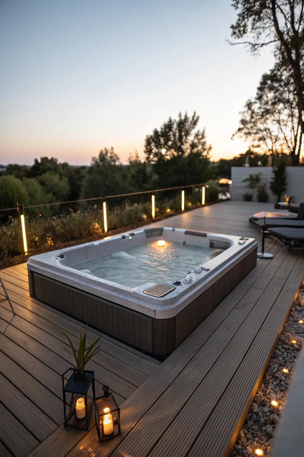 Wooden decking elevates the hot tub area, creating a cozy and inviting ambiance.