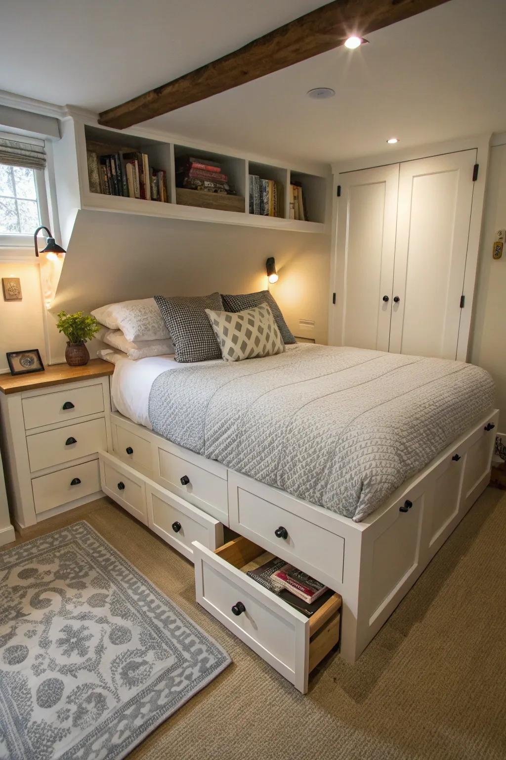 A small bedroom featuring a bed with built-in storage drawers, maximizing space efficiently.