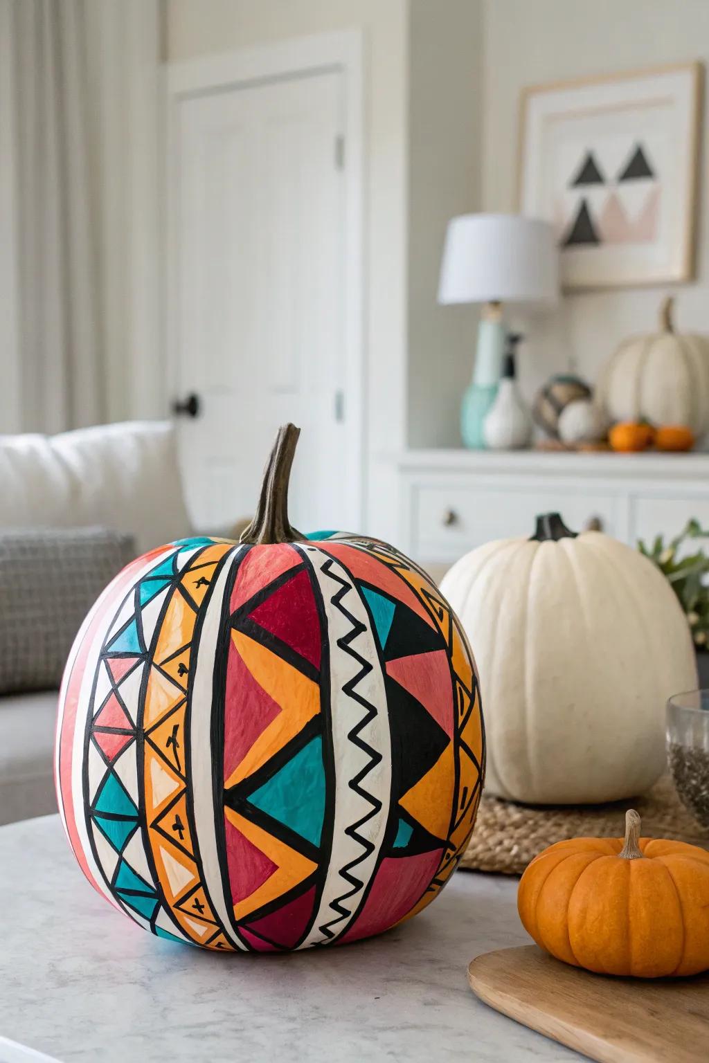 A bold and colorful painted pumpkin that adds a modern touch to any decor.