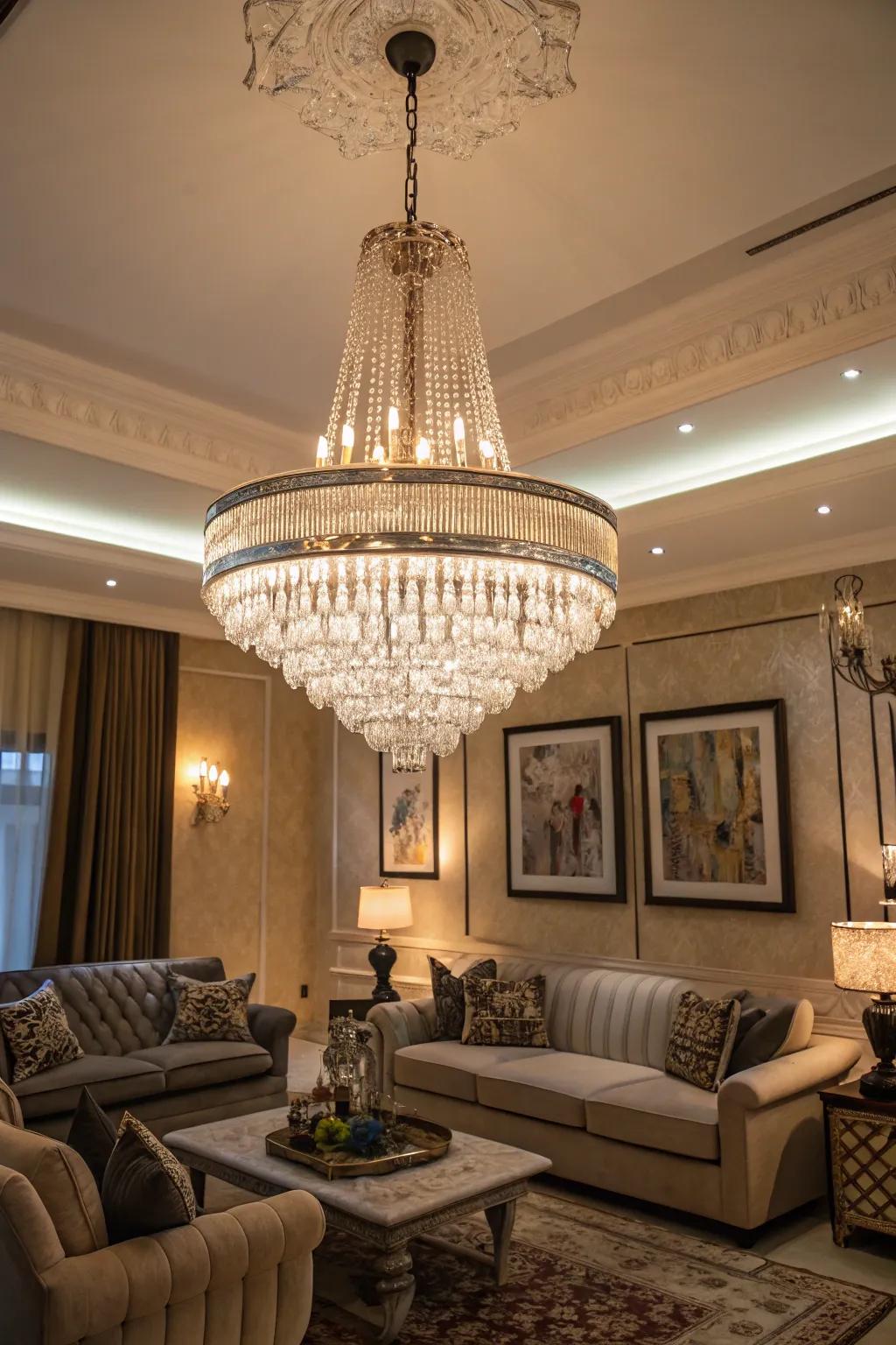 An elegant living room featuring a stunning statement chandelier.