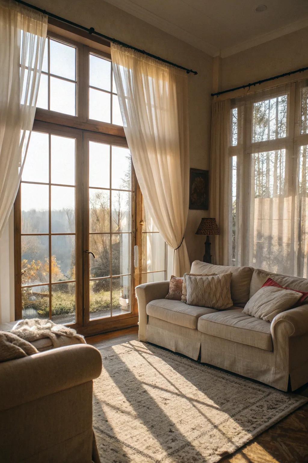 Sunlit living room with sheer curtains accentuating the natural light.