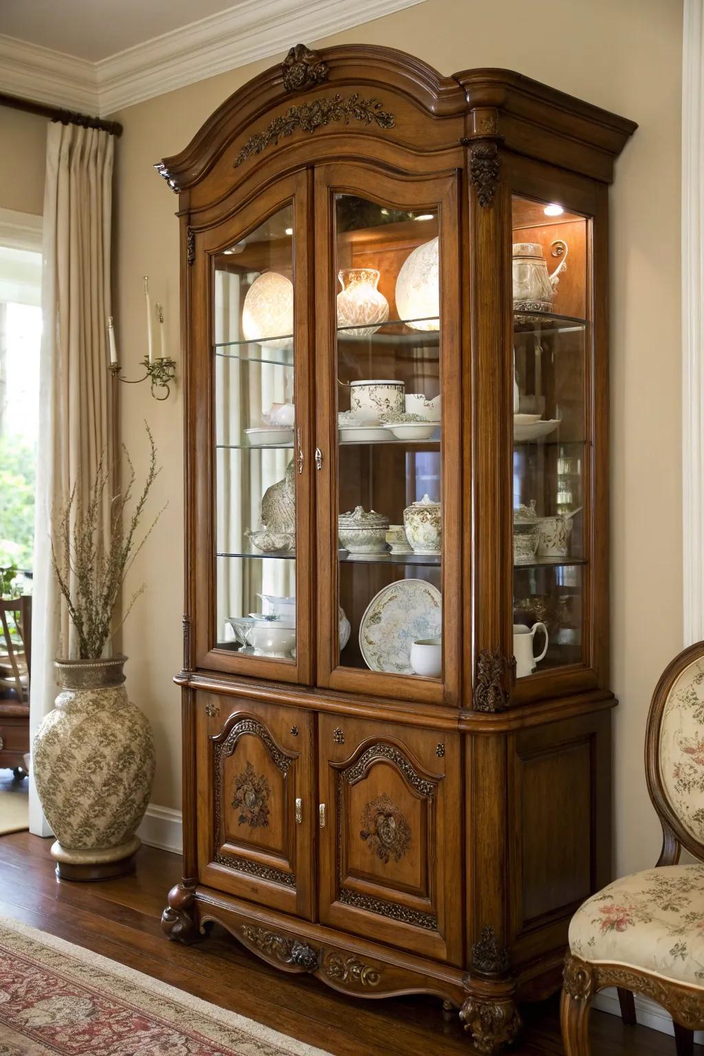 A classic wooden china cabinet showcasing a curated collection of china through glass doors.