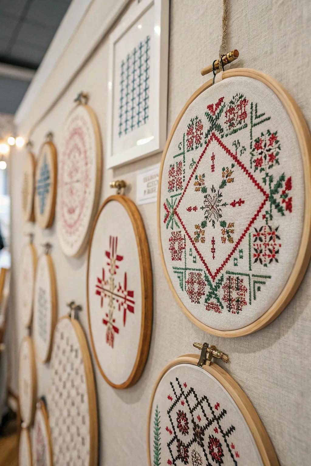 Embroidery hoops turn cross stitch pieces into charming wall art