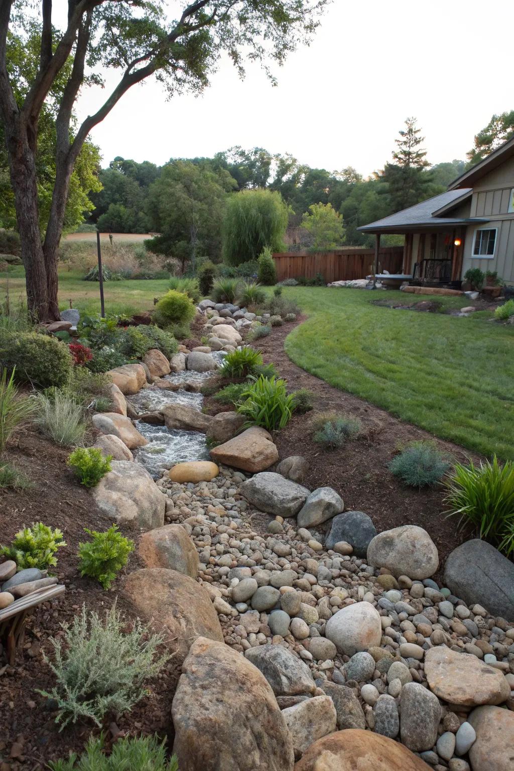 A dry creek bed elegantly directs water away from the home.