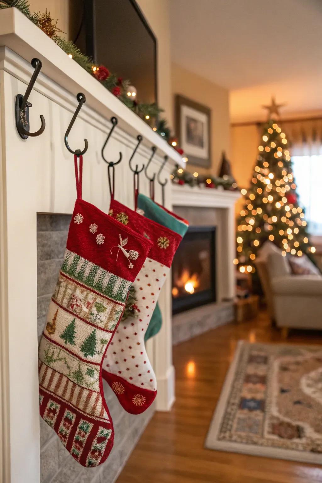 Wall-mounted hooks provide a simple yet chic solution for hanging stockings.