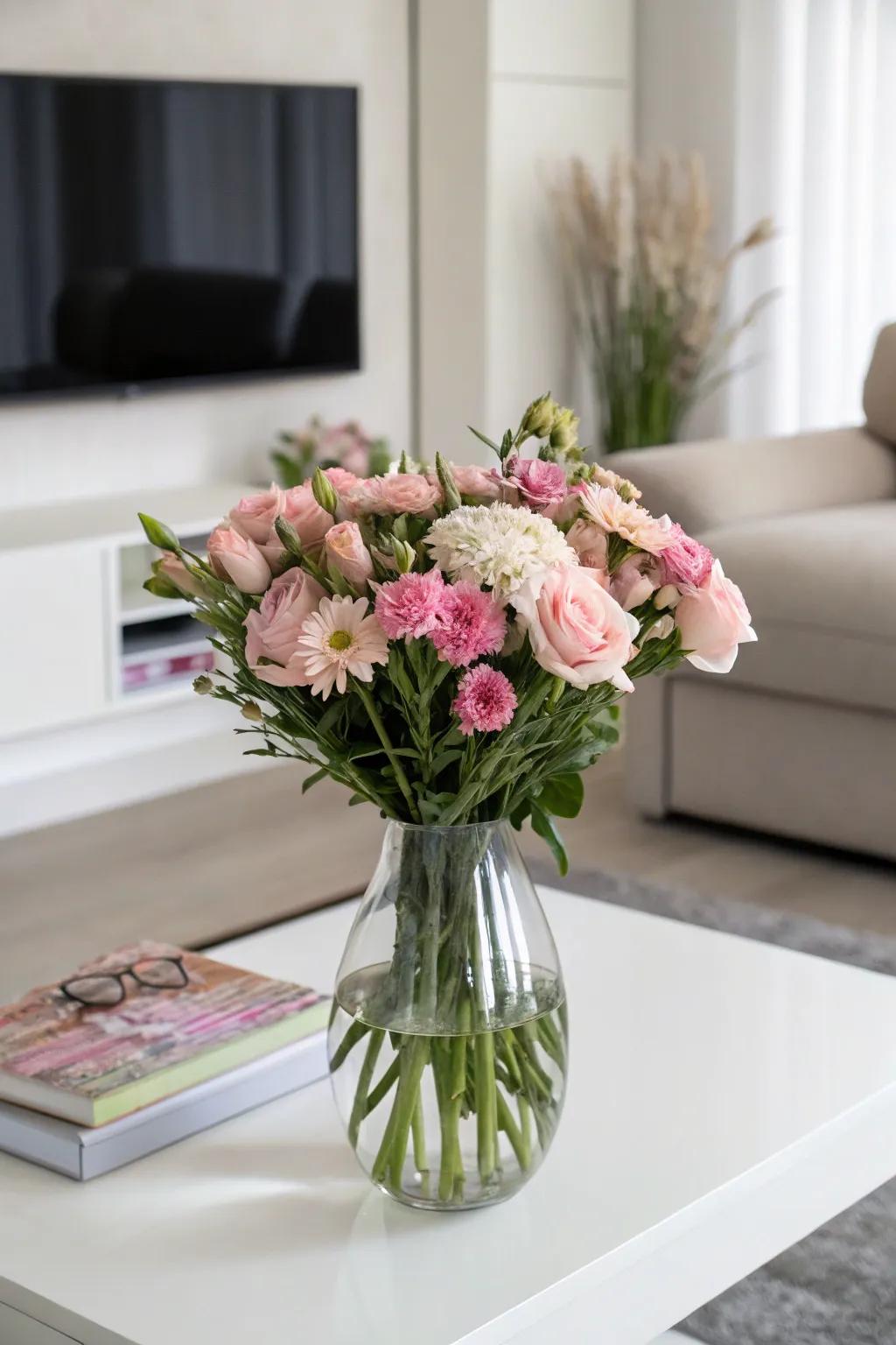 A monochromatic arrangement of pink flowers in a clear vase.